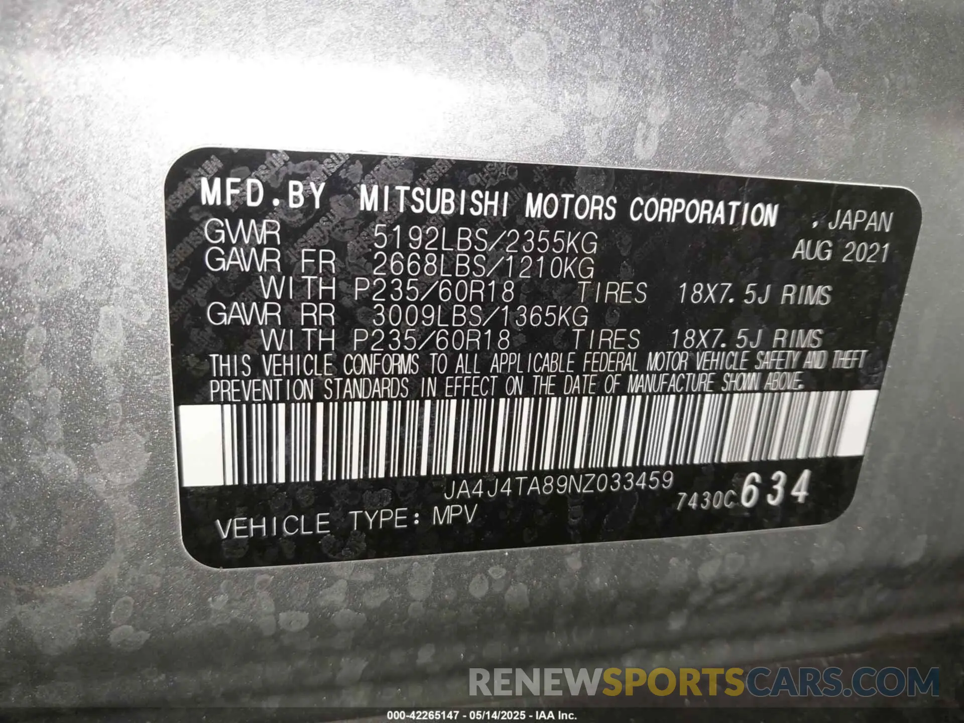 9 Photograph of a damaged car JA4J4TA89NZ033459 MITSUBISHI OUTLANDER 2022