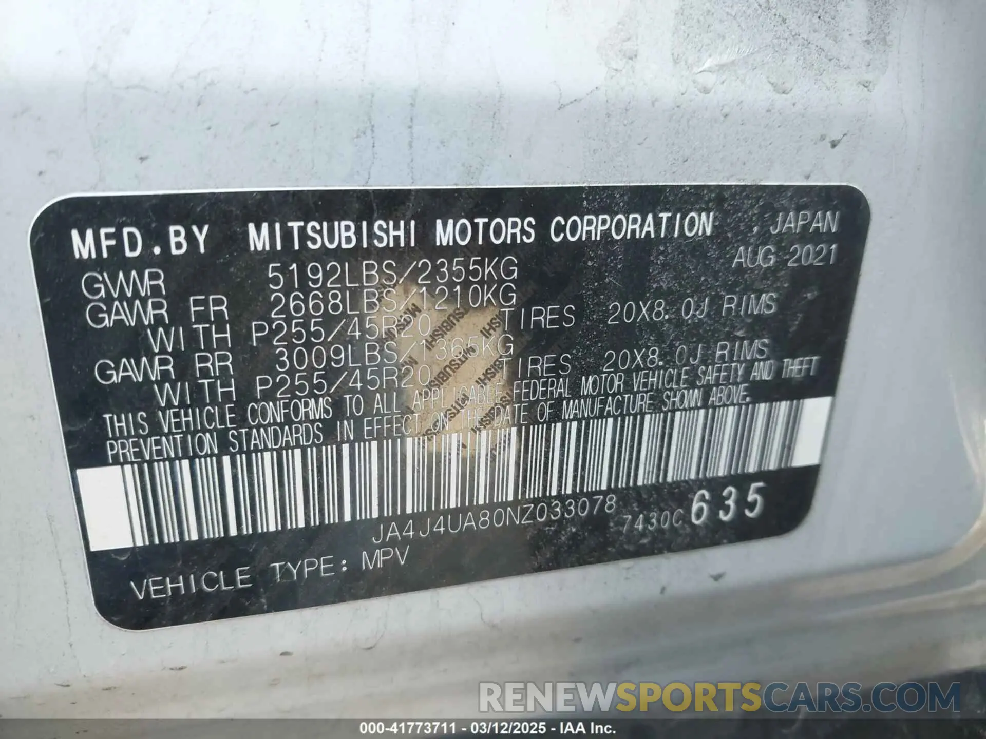 9 Photograph of a damaged car JA4J4UA80NZ033078 MITSUBISHI OUTLANDER 2022