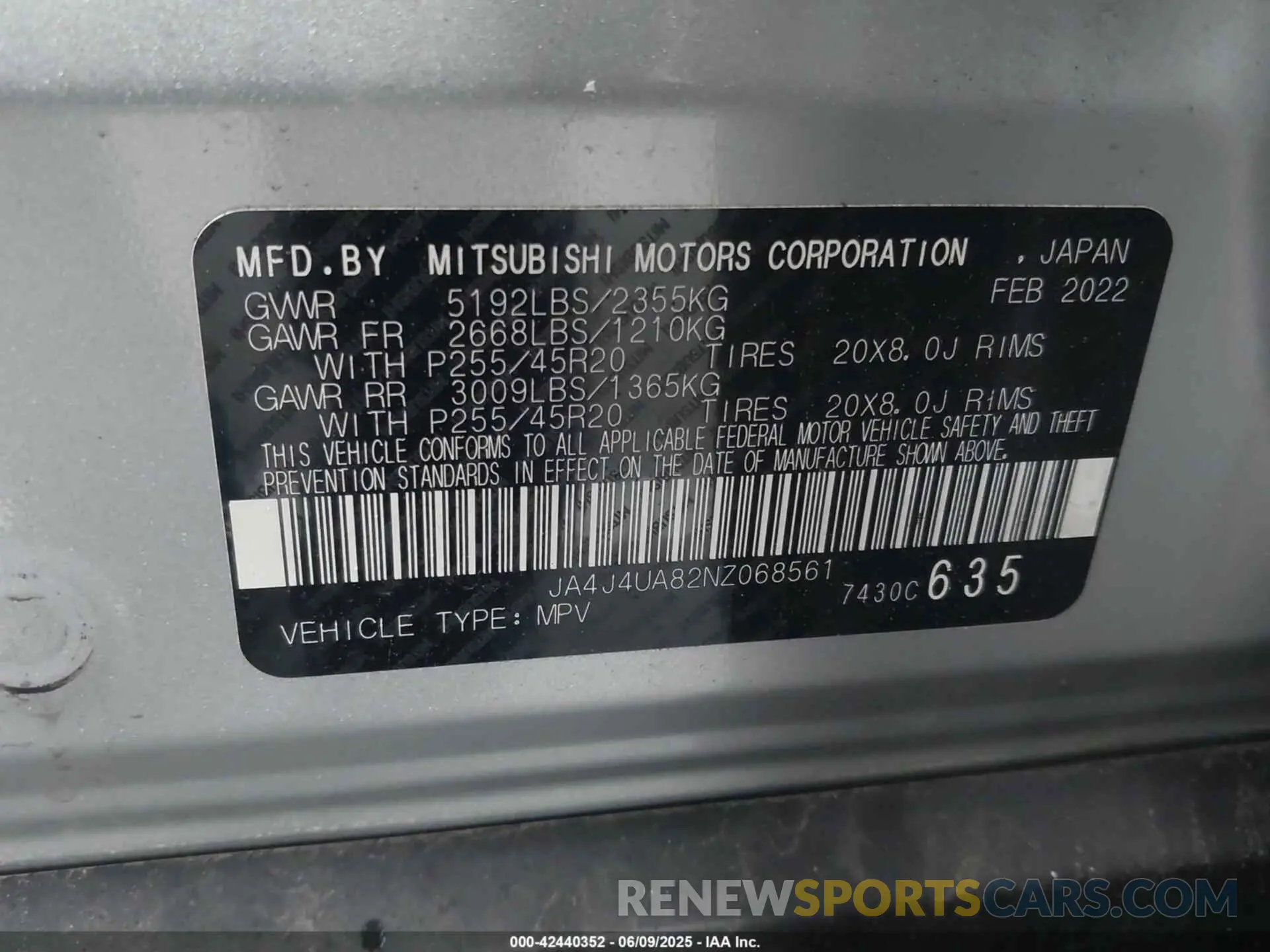 9 Photograph of a damaged car JA4J4UA82NZ068561 MITSUBISHI OUTLANDER 2022