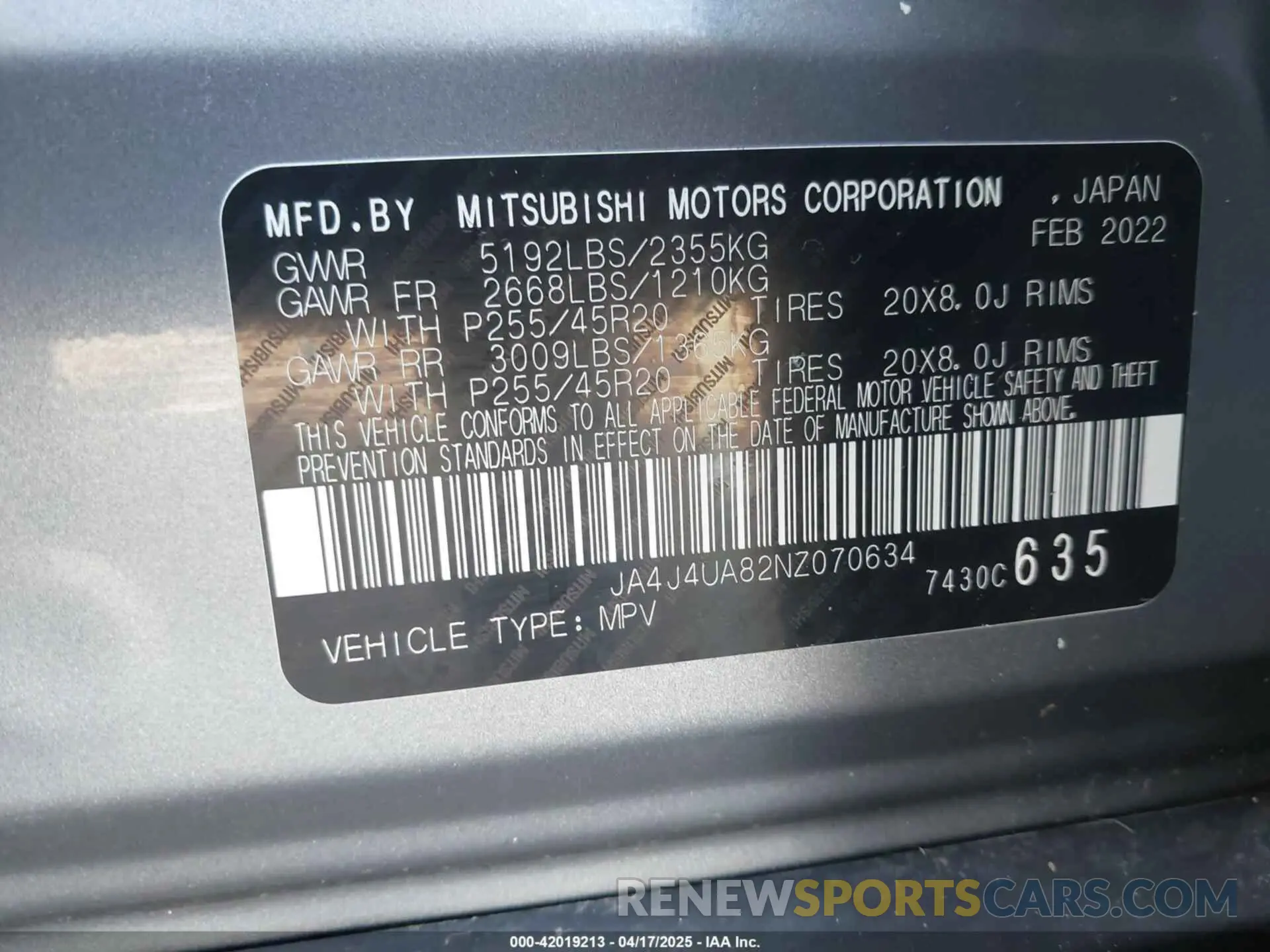 9 Photograph of a damaged car JA4J4UA82NZ070634 MITSUBISHI OUTLANDER 2022