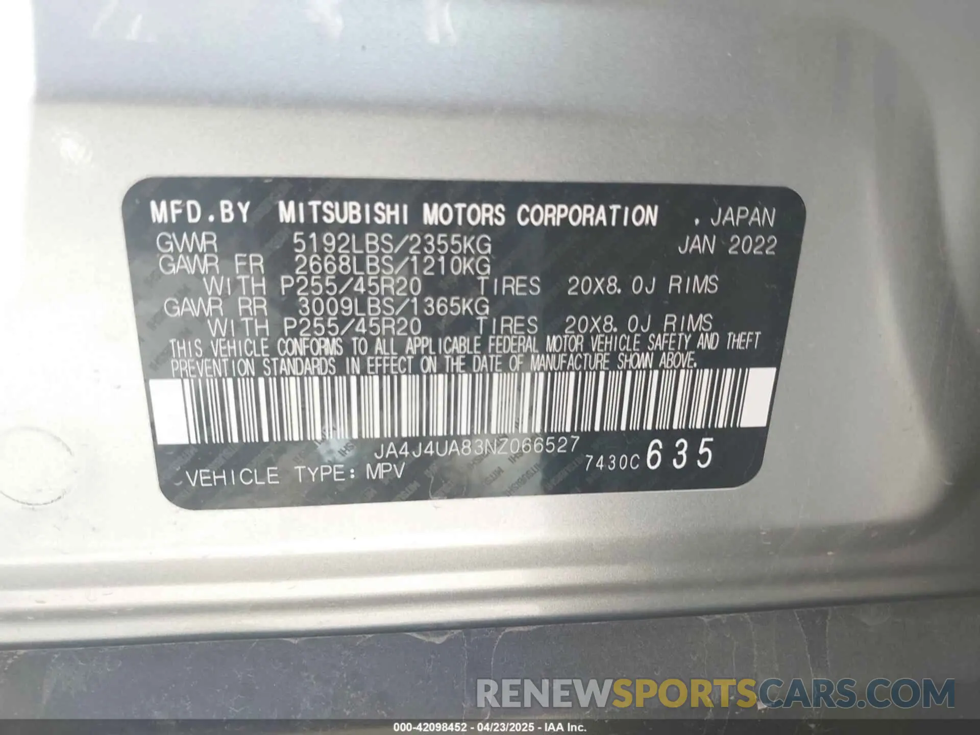 9 Photograph of a damaged car JA4J4UA83NZ066527 MITSUBISHI OUTLANDER 2022