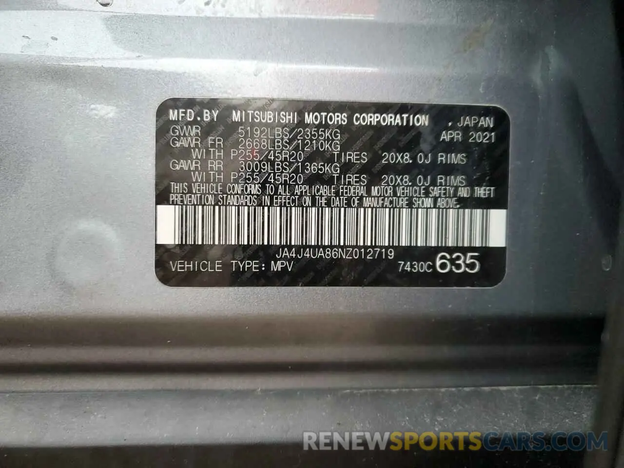 12 Photograph of a damaged car JA4J4UA86NZ012719 MITSUBISHI OUTLANDER 2022
