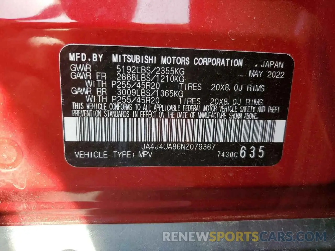 13 Photograph of a damaged car JA4J4UA86NZ079367 MITSUBISHI OUTLANDER 2022