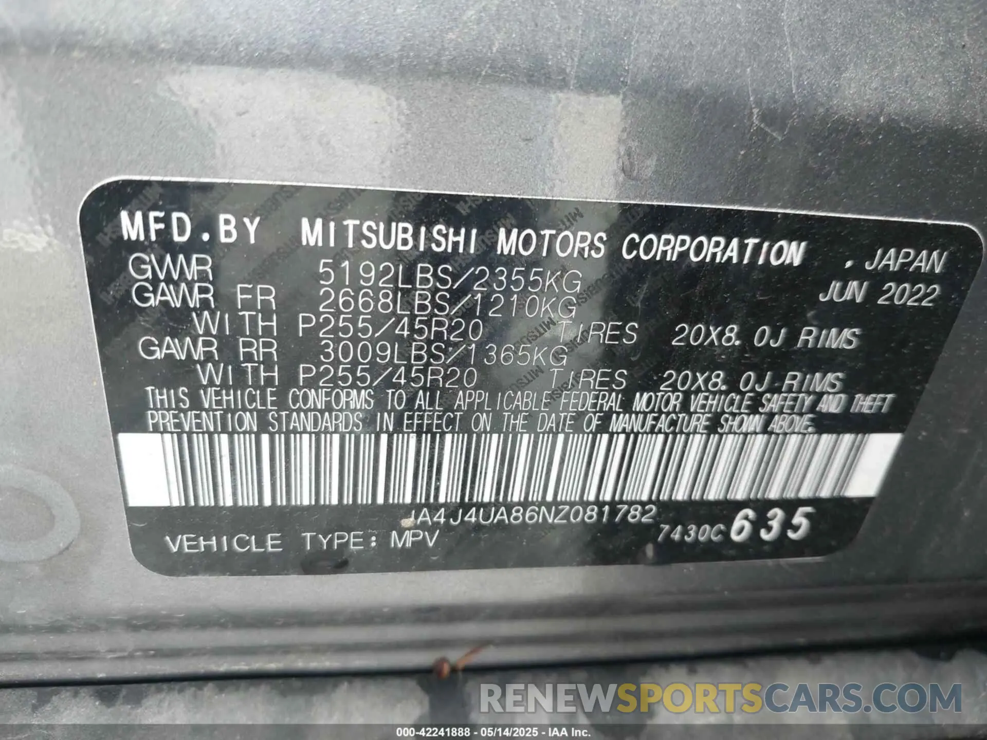 9 Photograph of a damaged car JA4J4UA86NZ081782 MITSUBISHI OUTLANDER 2022