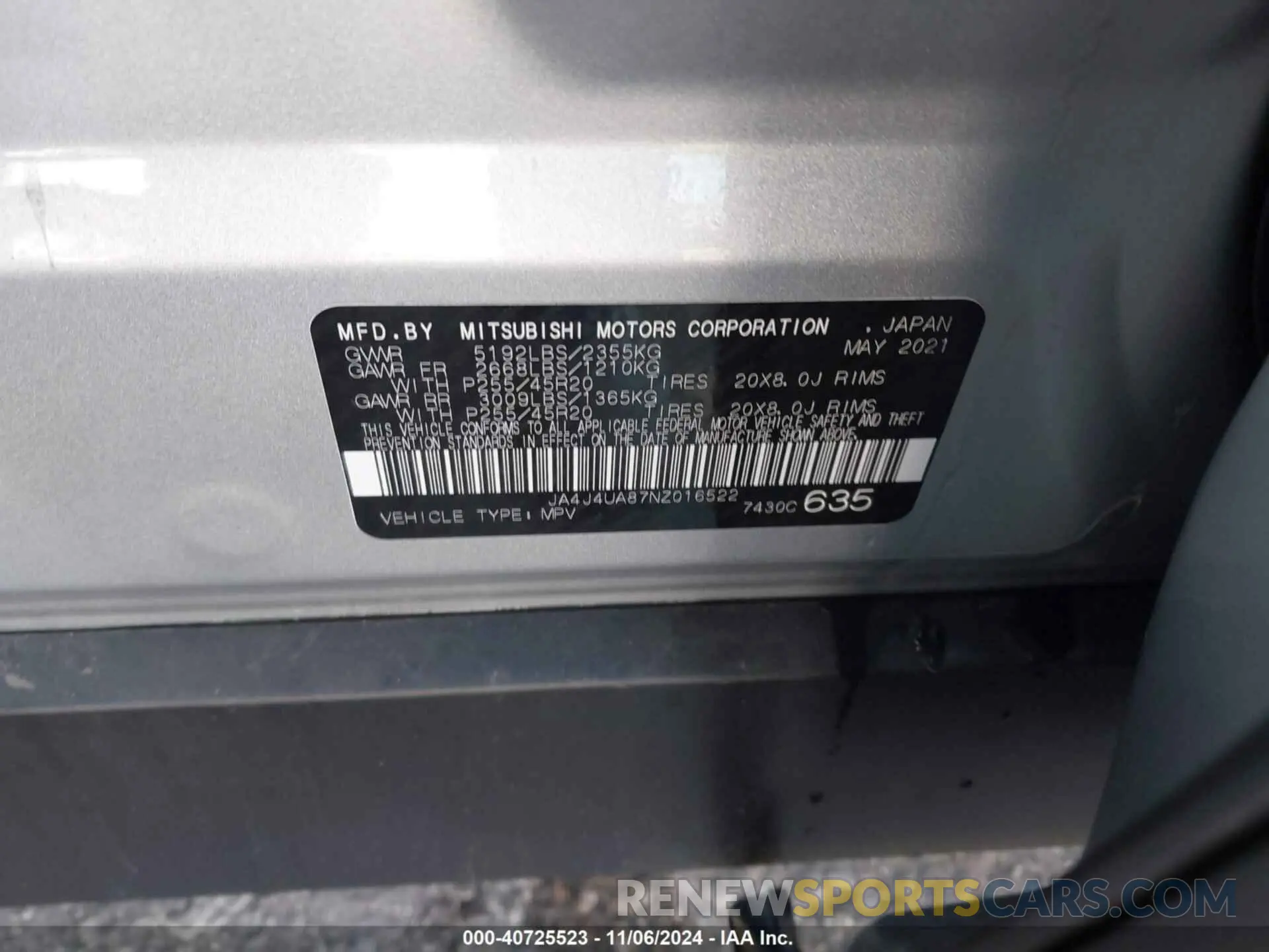 9 Photograph of a damaged car JA4J4UA87NZ016522 MITSUBISHI OUTLANDER 2022