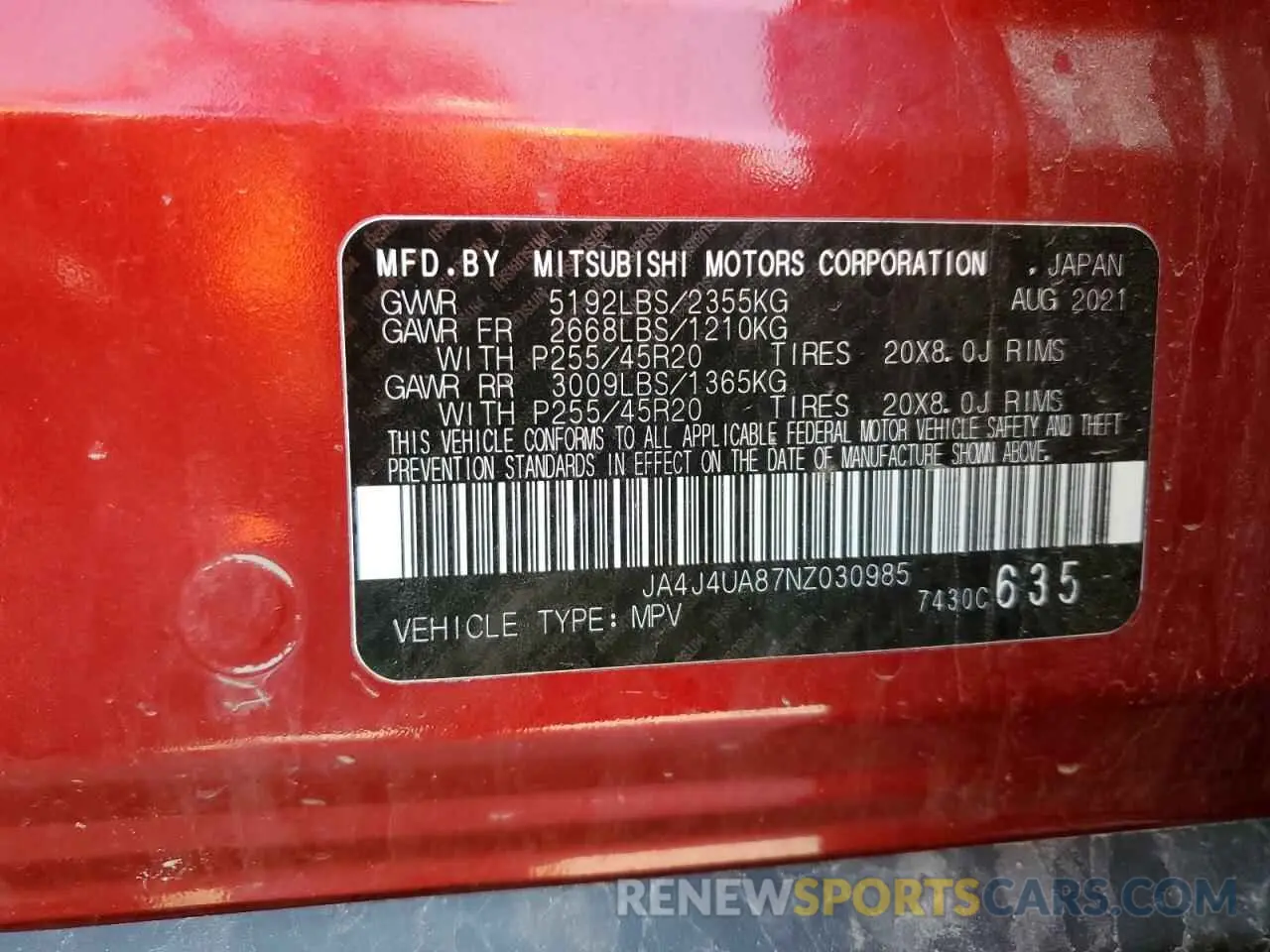 13 Photograph of a damaged car JA4J4UA87NZ030985 MITSUBISHI OUTLANDER 2022