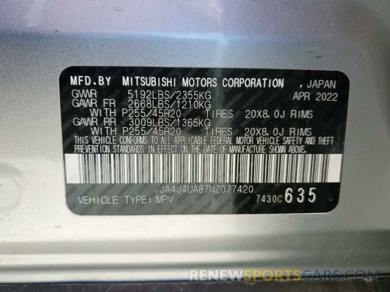13 Photograph of a damaged car JA4J4UA87NZ077420 MITSUBISHI OUTLANDER 2022