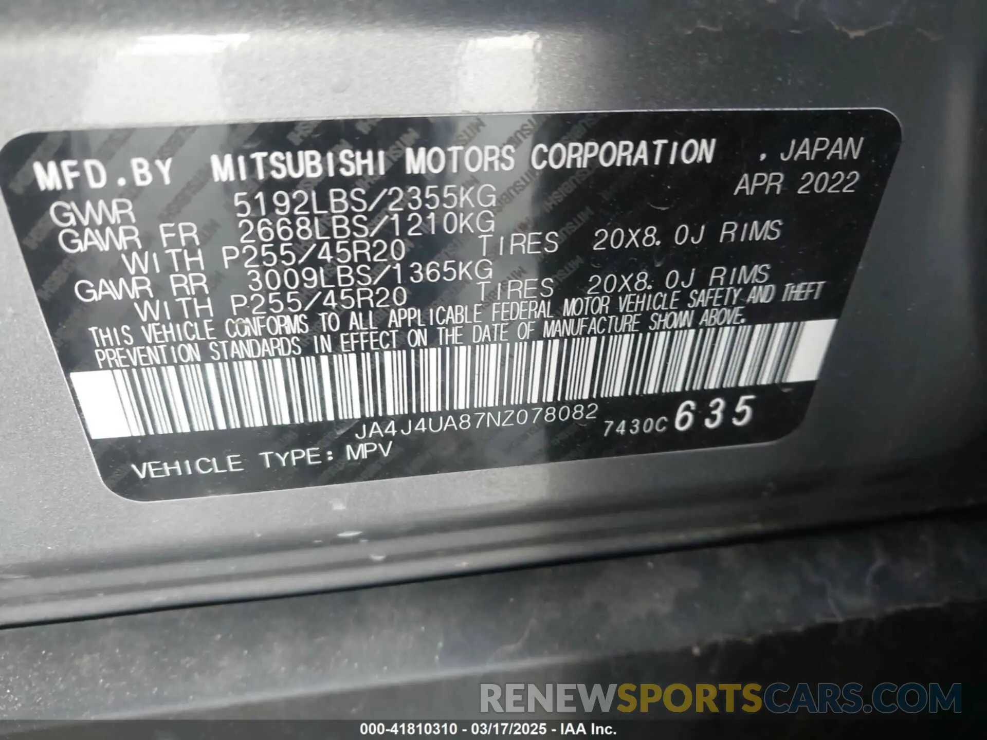9 Photograph of a damaged car JA4J4UA87NZ078082 MITSUBISHI OUTLANDER 2022