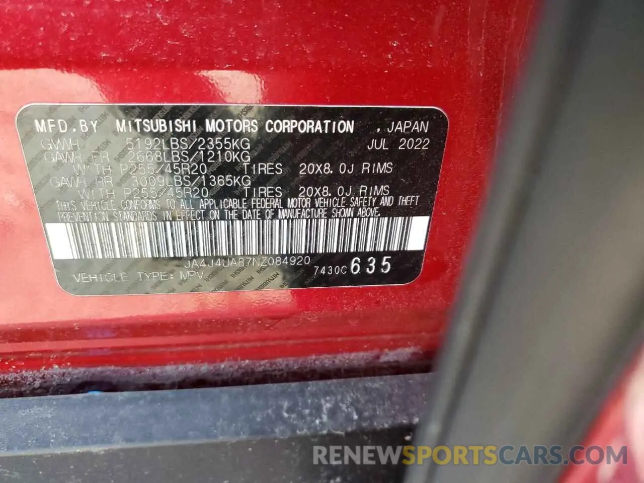 13 Photograph of a damaged car JA4J4UA87NZ084920 MITSUBISHI OUTLANDER 2022