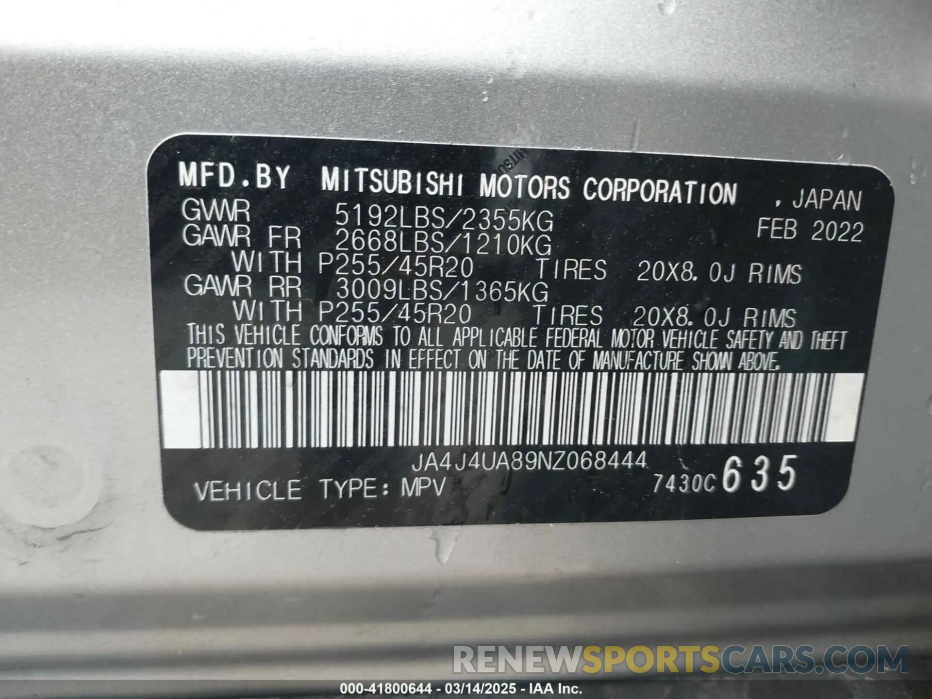 9 Photograph of a damaged car JA4J4UA89NZ068444 MITSUBISHI OUTLANDER 2022
