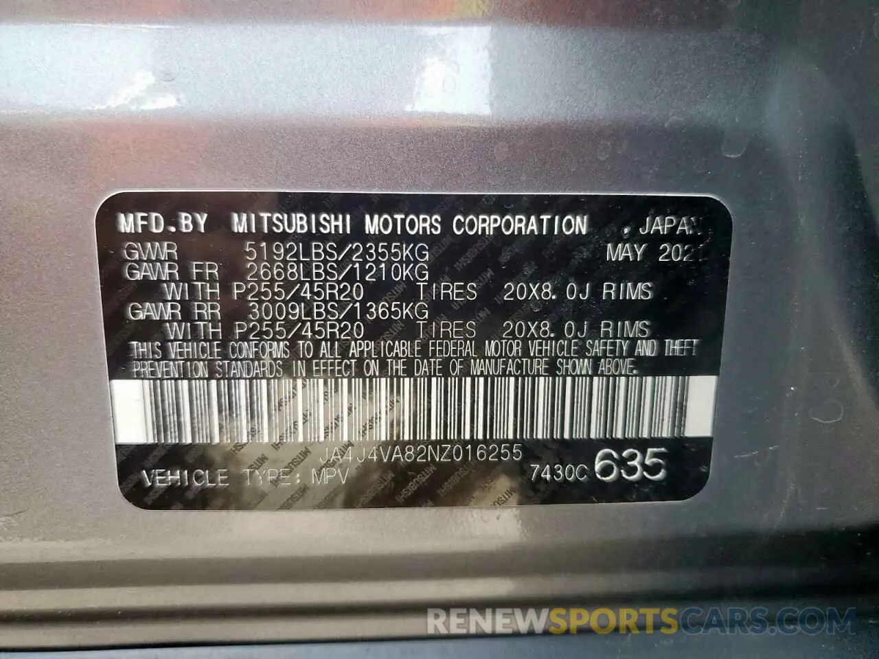 12 Photograph of a damaged car JA4J4VA82NZ016255 MITSUBISHI OUTLANDER 2022