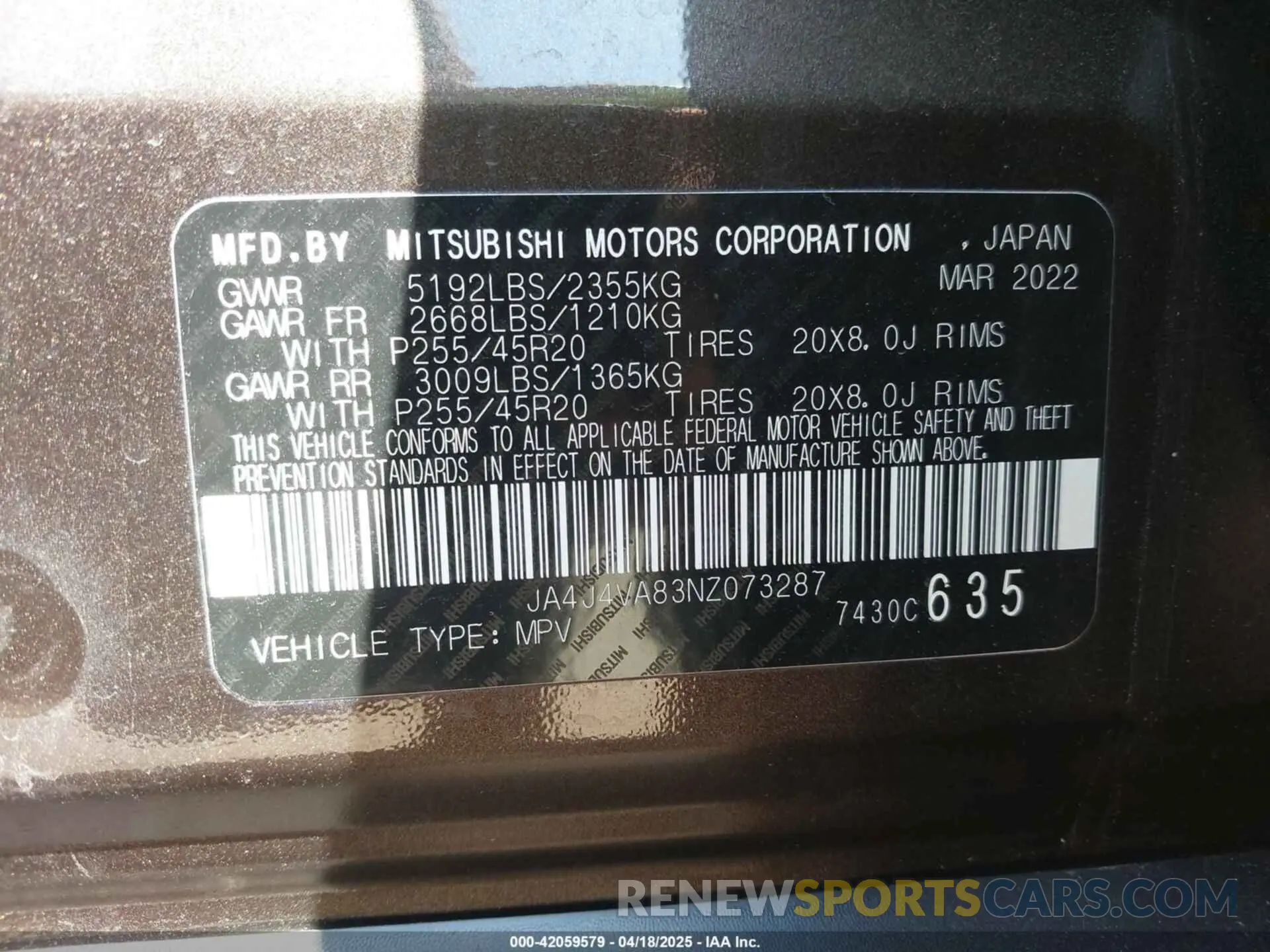 9 Photograph of a damaged car JA4J4VA83NZ073287 MITSUBISHI OUTLANDER 2022