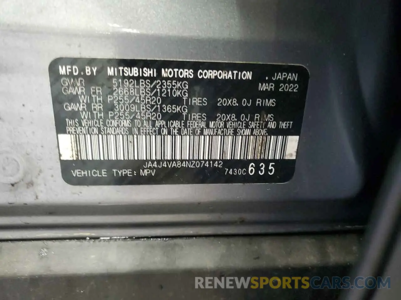 13 Photograph of a damaged car JA4J4VA84NZ074142 MITSUBISHI OUTLANDER 2022