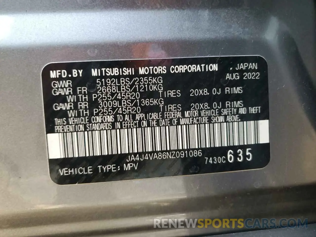 13 Photograph of a damaged car JA4J4VA86NZ091086 MITSUBISHI OUTLANDER 2022