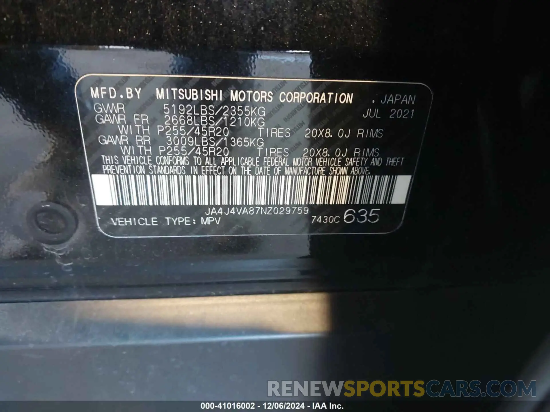 9 Photograph of a damaged car JA4J4VA87NZ029759 MITSUBISHI OUTLANDER 2022