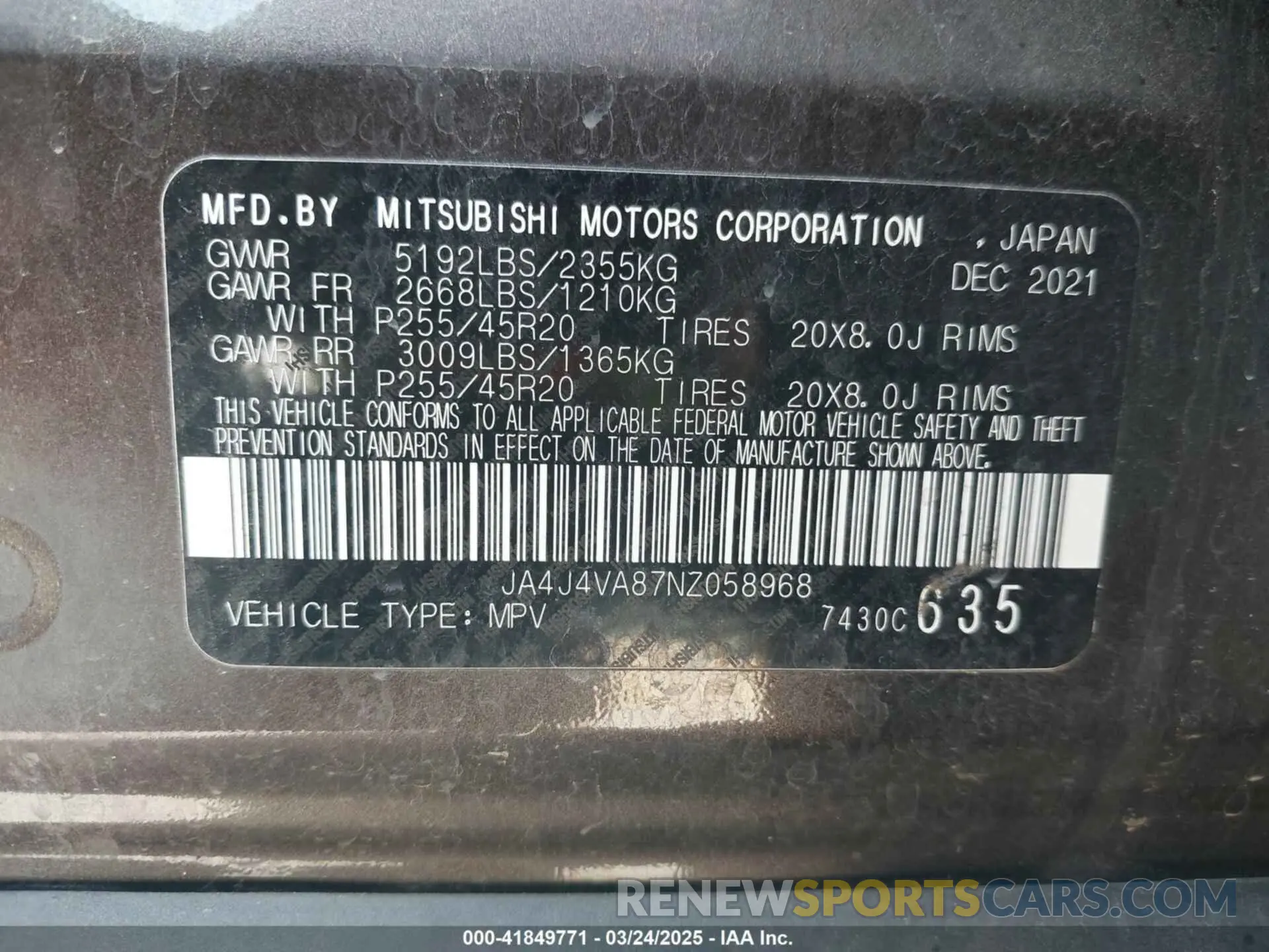 9 Photograph of a damaged car JA4J4VA87NZ058968 MITSUBISHI OUTLANDER 2022