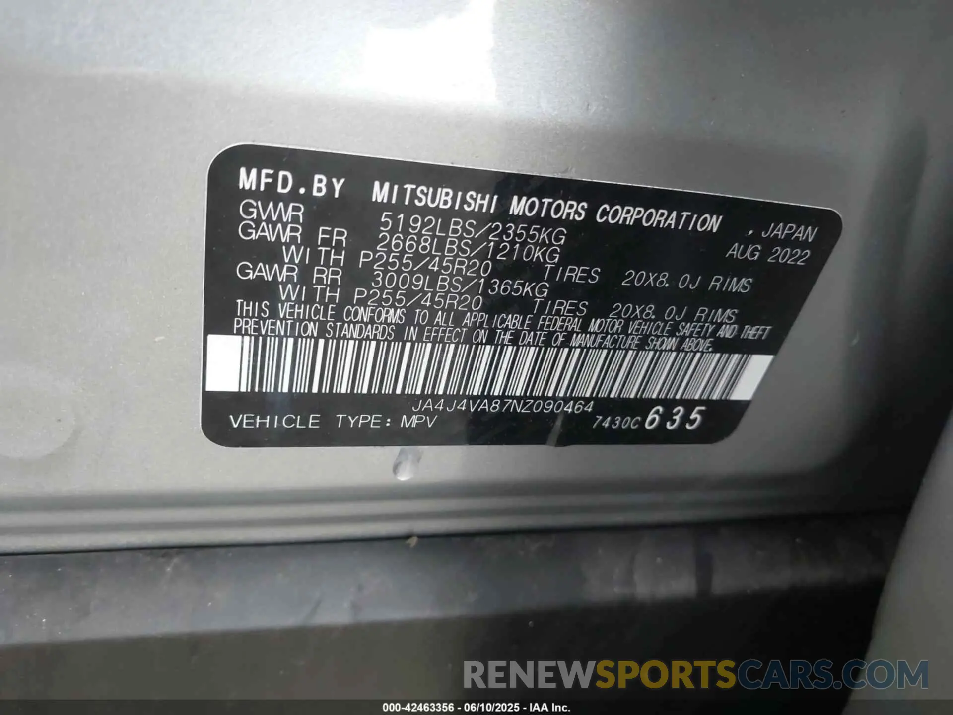9 Photograph of a damaged car JA4J4VA87NZ090464 MITSUBISHI OUTLANDER 2022