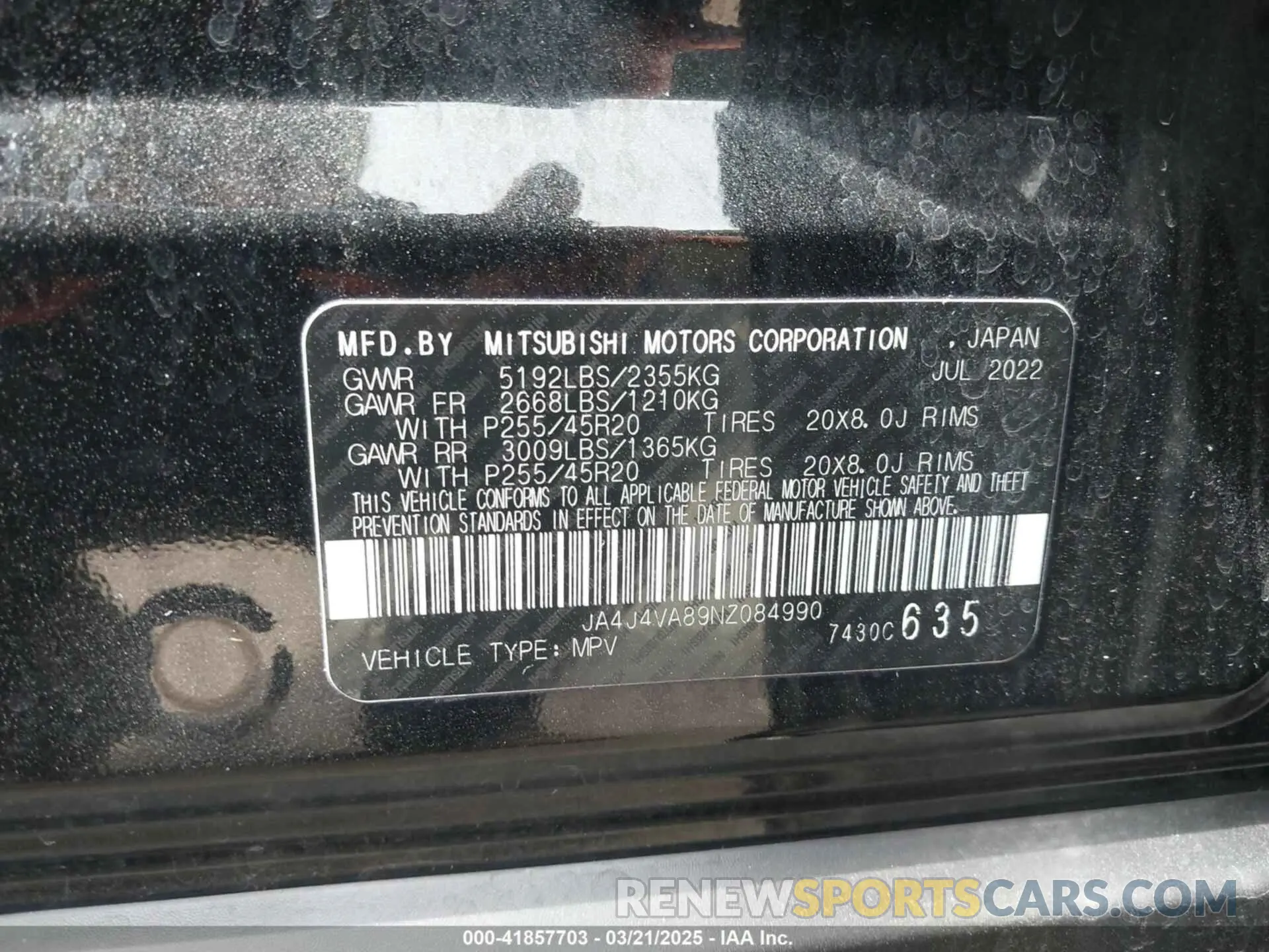9 Photograph of a damaged car JA4J4VA89NZ084990 MITSUBISHI OUTLANDER 2022