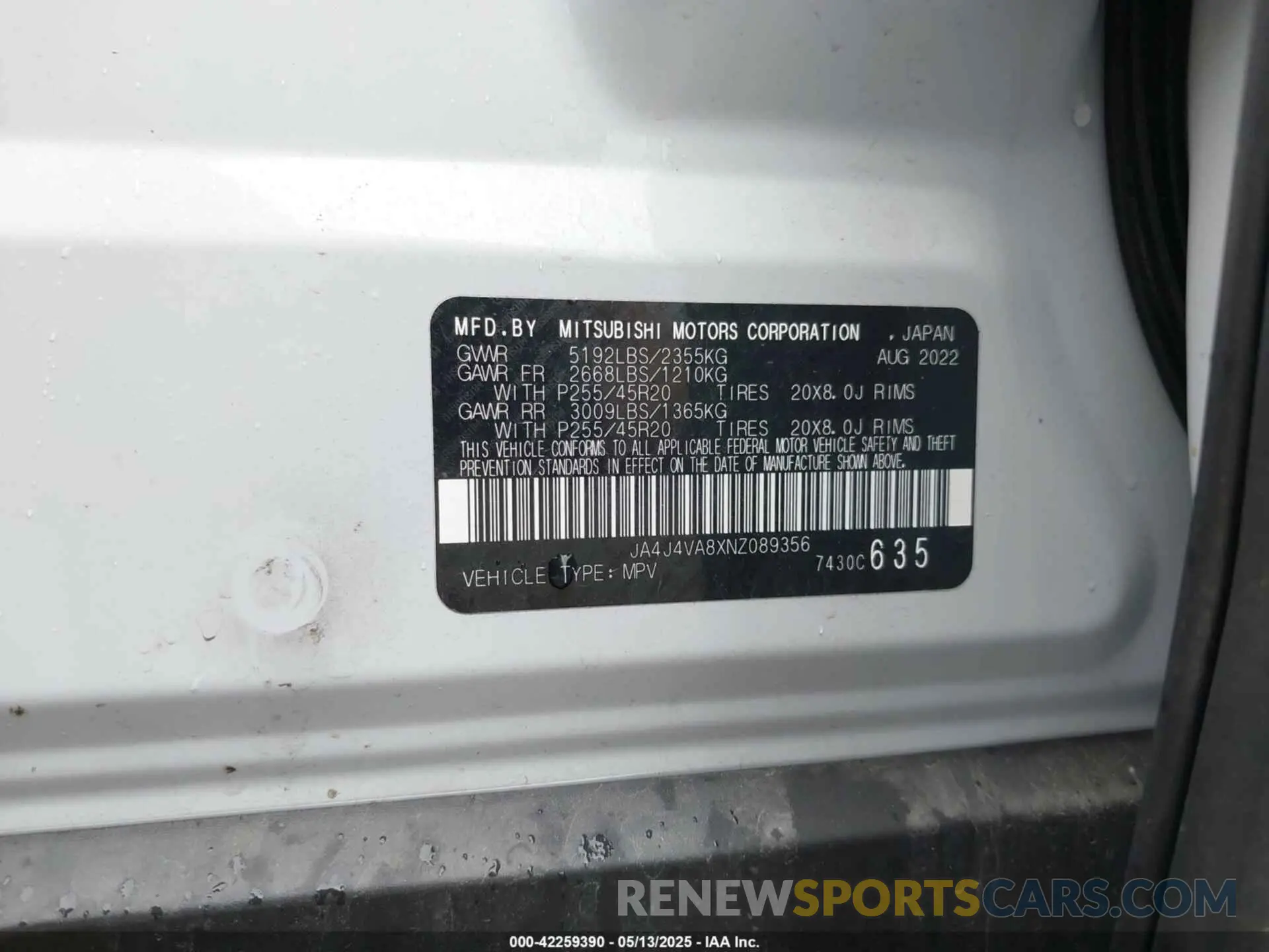 9 Photograph of a damaged car JA4J4VA8XNZ089356 MITSUBISHI OUTLANDER 2022