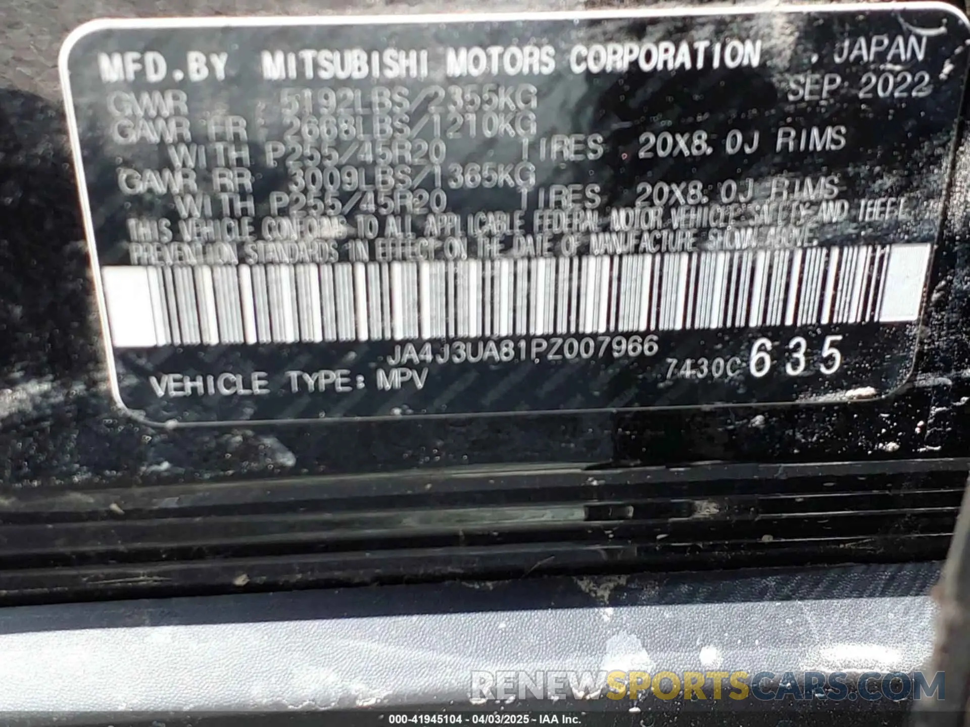 9 Photograph of a damaged car JA4J3UA81PZ007966 MITSUBISHI OUTLANDER 2023