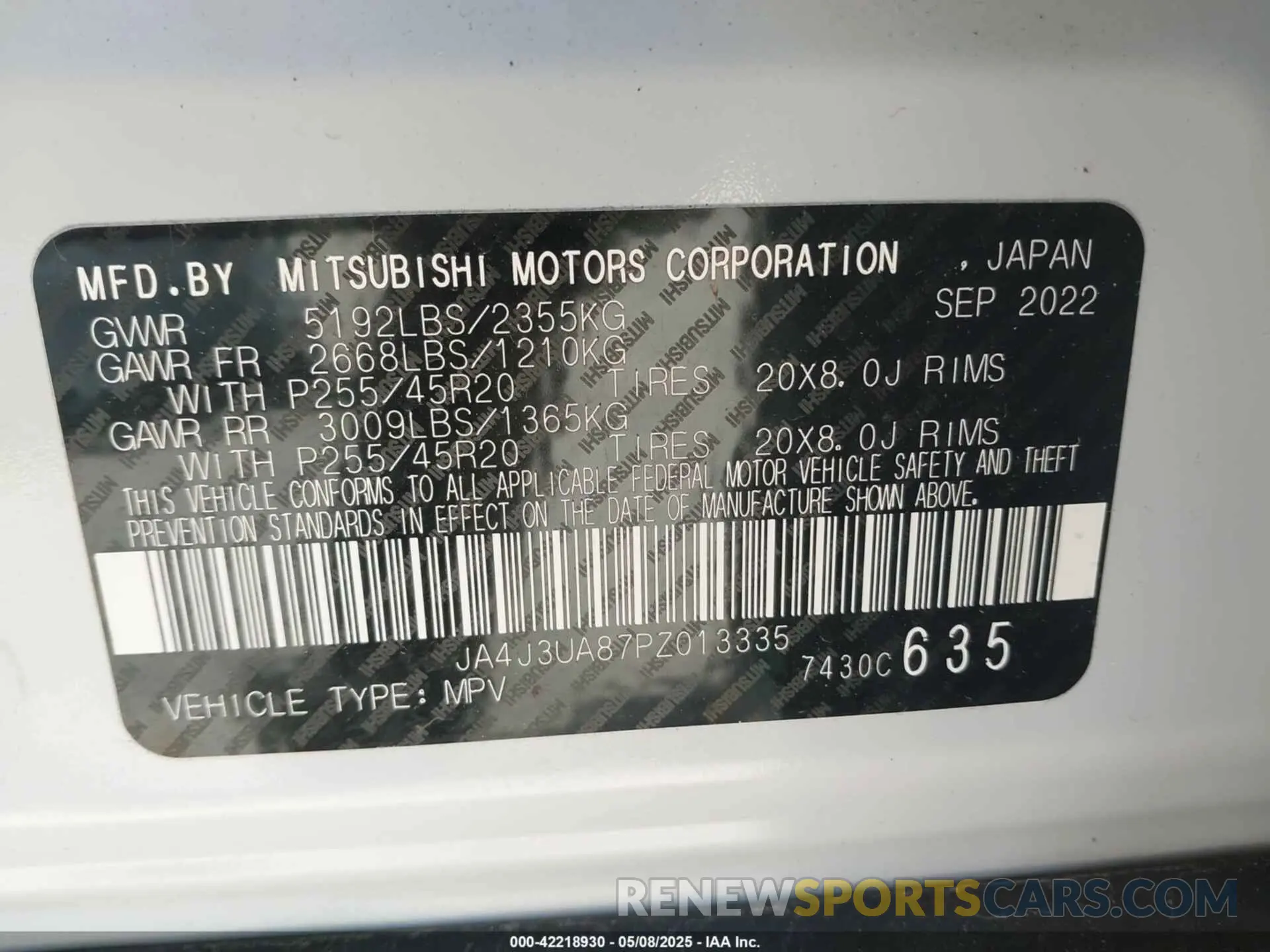 9 Photograph of a damaged car JA4J3UA87PZ013335 MITSUBISHI OUTLANDER 2023