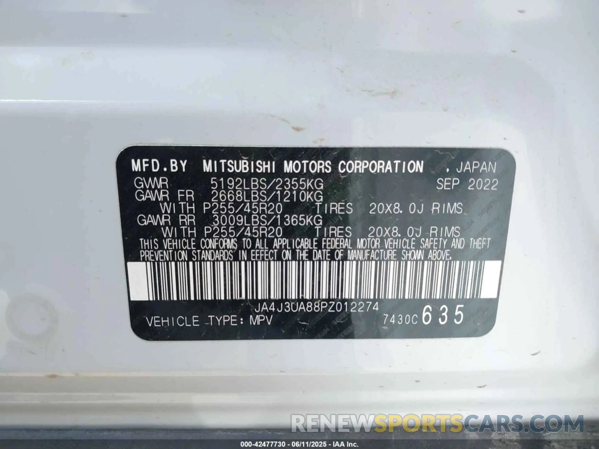 9 Photograph of a damaged car JA4J3UA88PZ012274 MITSUBISHI OUTLANDER 2023