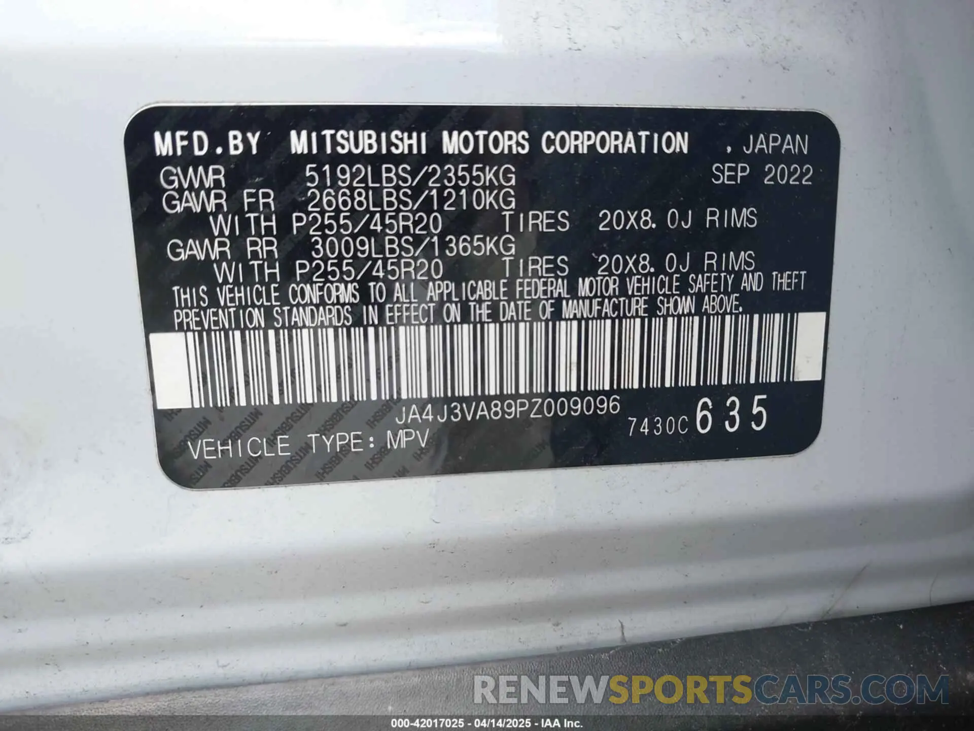 9 Photograph of a damaged car JA4J3VA89PZ009096 MITSUBISHI OUTLANDER 2023