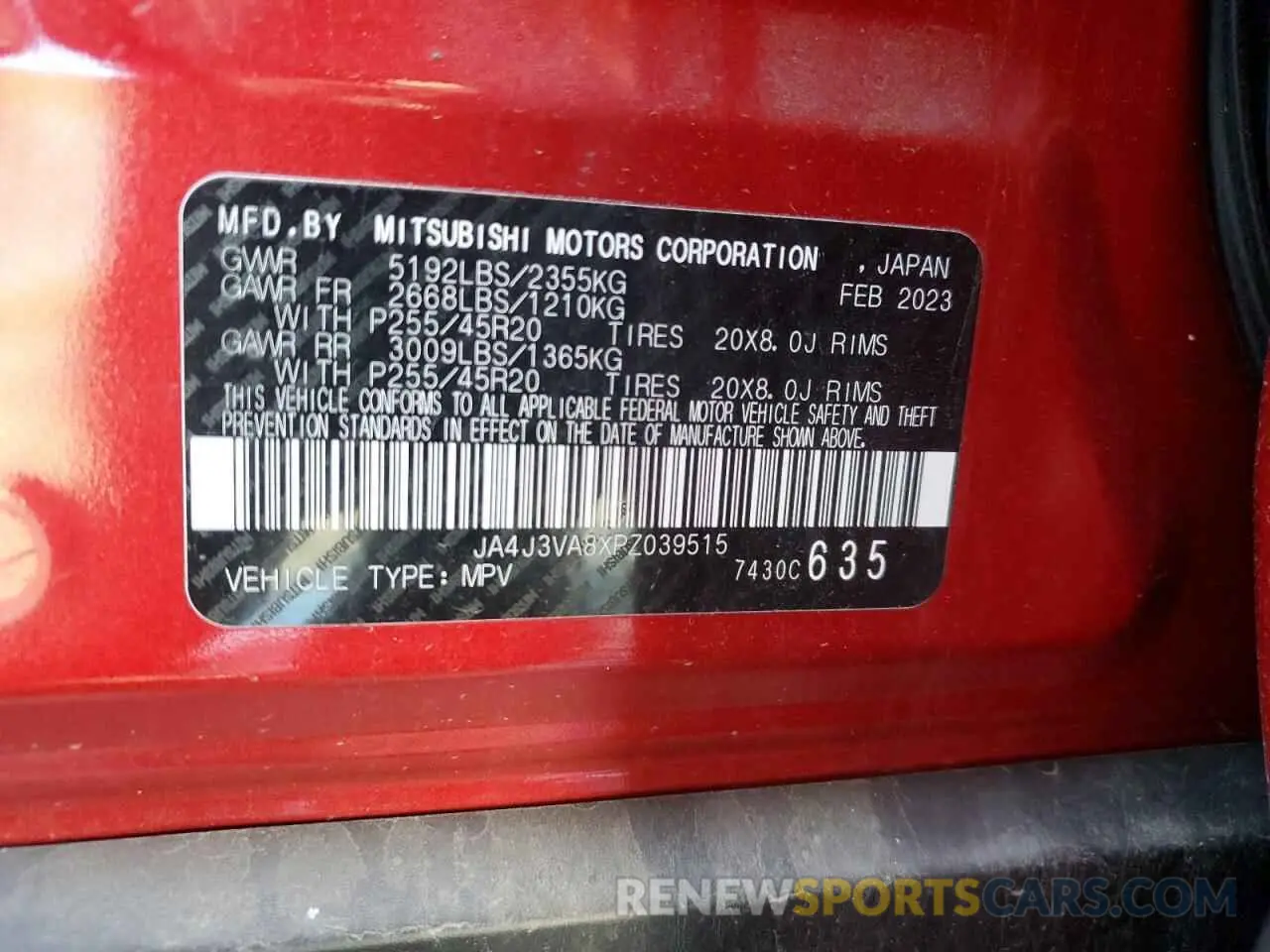 14 Photograph of a damaged car JA4J3VA8XPZ039515 MITSUBISHI OUTLANDER 2023