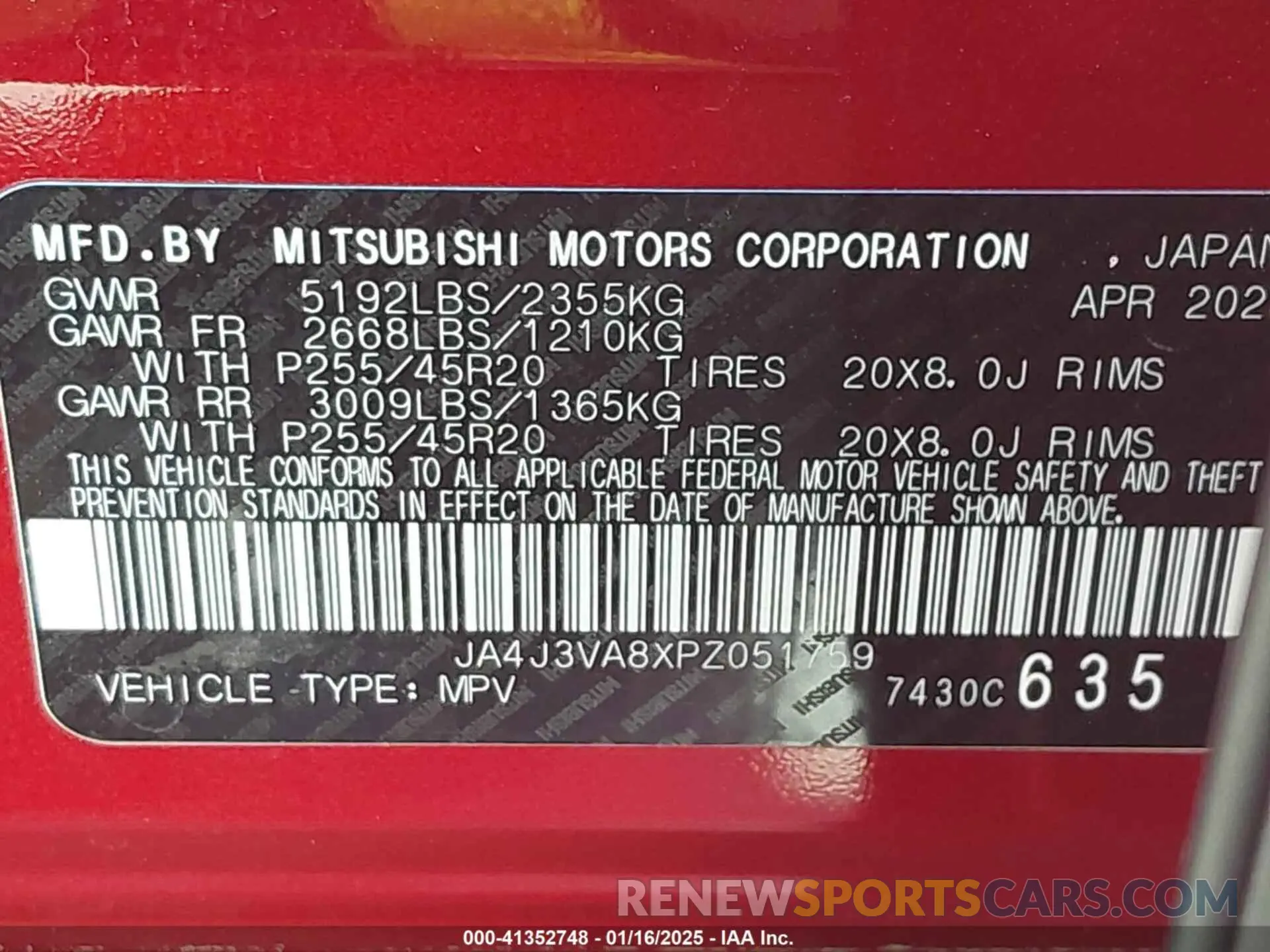 9 Photograph of a damaged car JA4J3VA8XPZ051759 MITSUBISHI OUTLANDER 2023