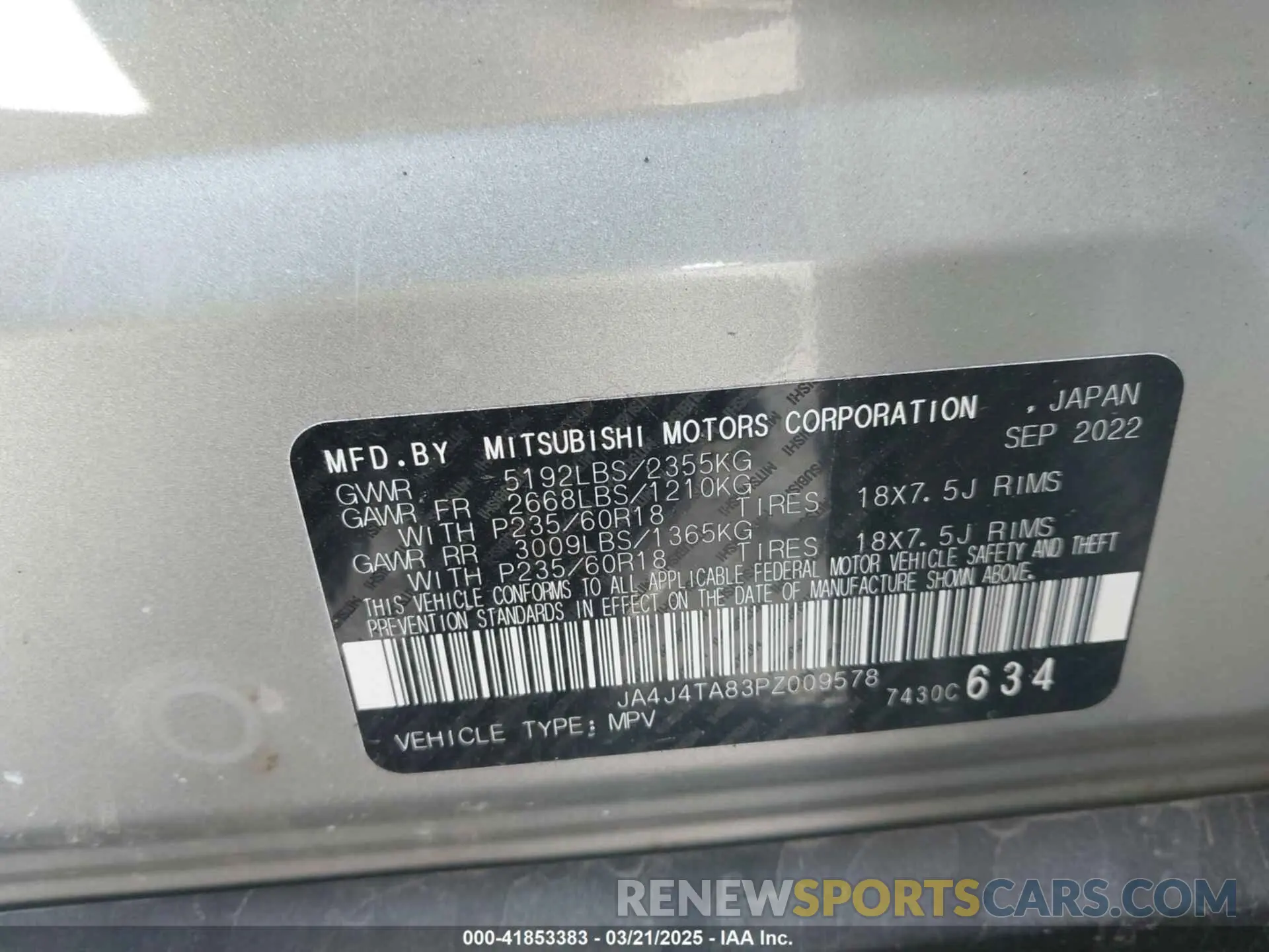 9 Photograph of a damaged car JA4J4TA83PZ009578 MITSUBISHI OUTLANDER 2023