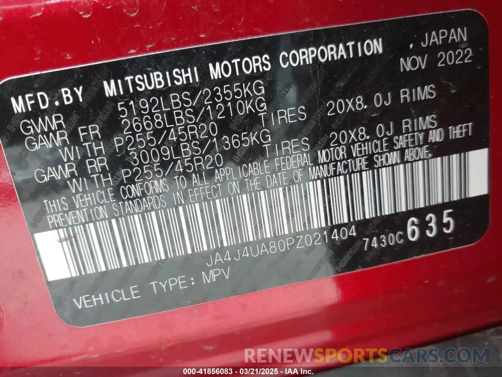 9 Photograph of a damaged car JA4J4UA80PZ021404 MITSUBISHI OUTLANDER 2023