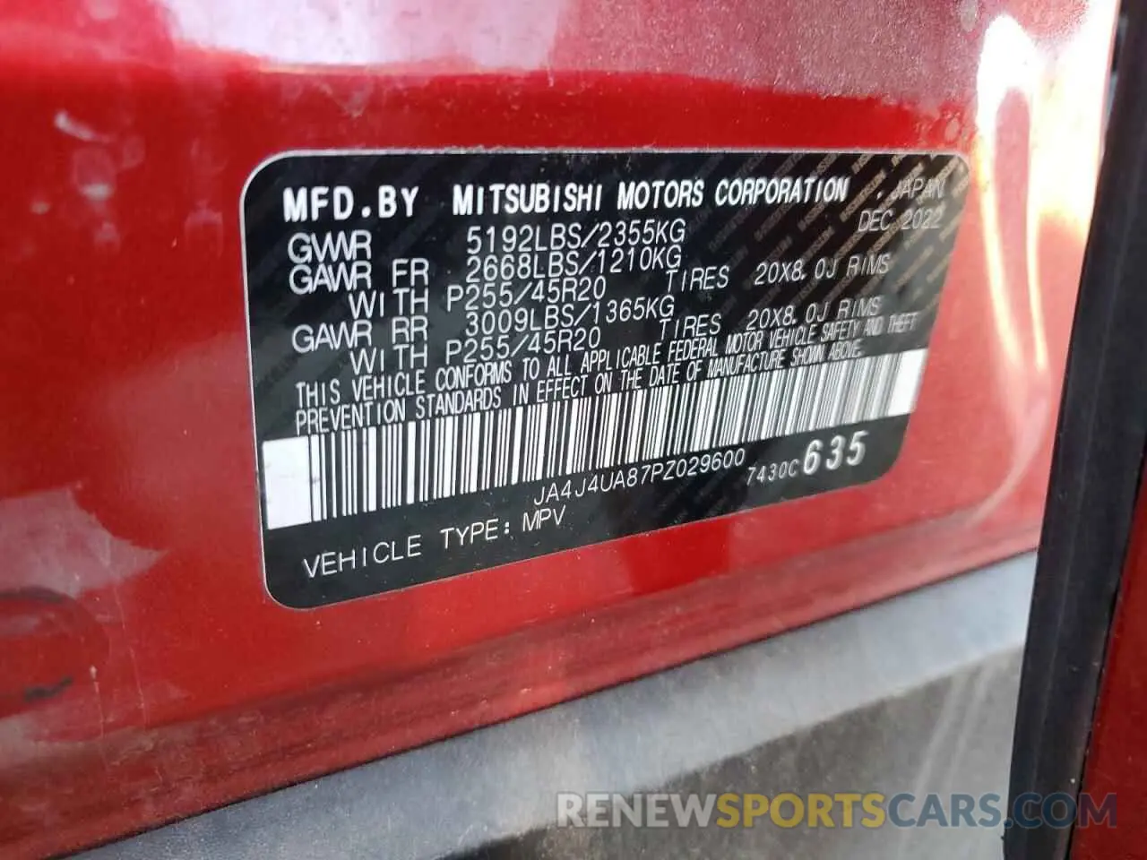 12 Photograph of a damaged car JA4J4UA87PZ029600 MITSUBISHI OUTLANDER 2023