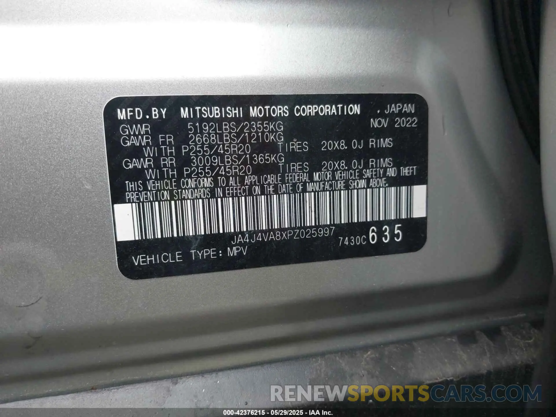 9 Photograph of a damaged car JA4J4VA8XPZ025997 MITSUBISHI OUTLANDER 2023