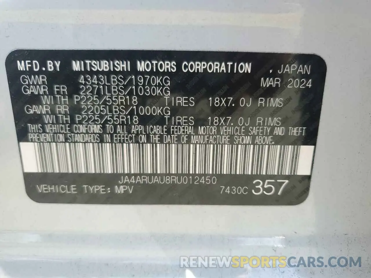 14 Photograph of a damaged car JA4ARUAU8RU012450 MITSUBISHI OUTLANDER 2024