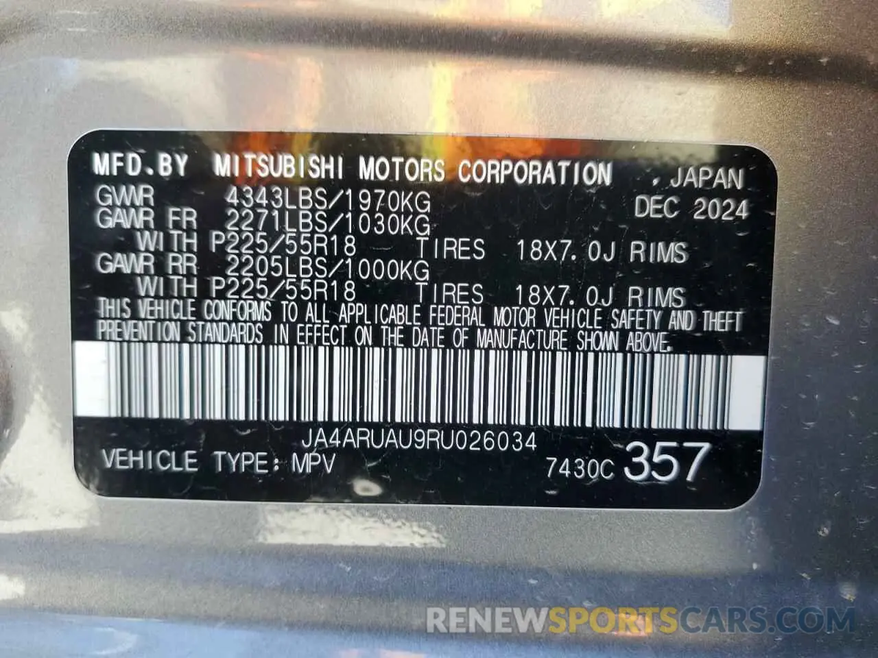13 Photograph of a damaged car JA4ARUAU9RU026034 MITSUBISHI OUTLANDER 2024