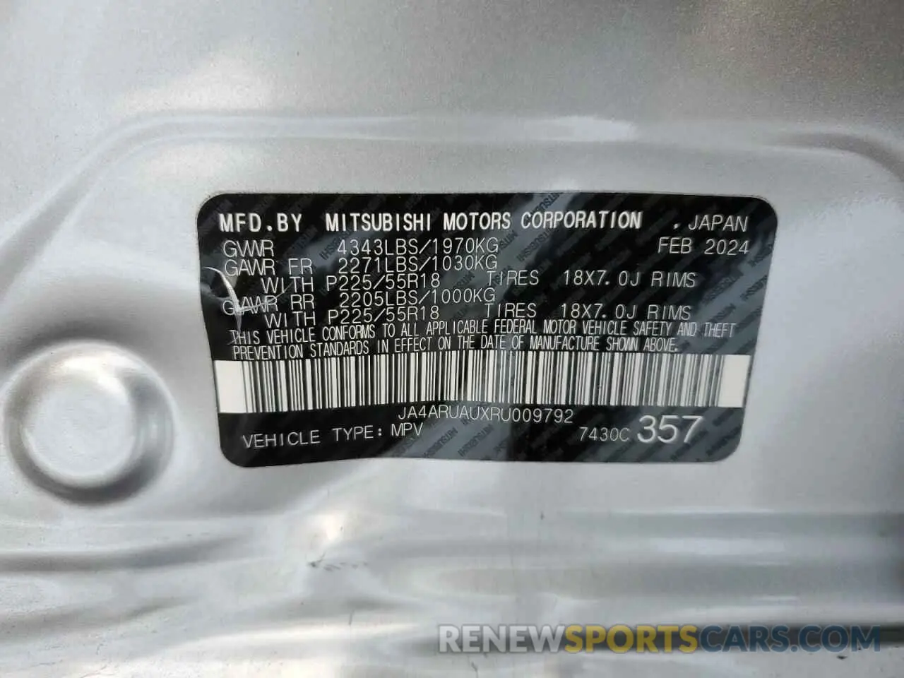 13 Photograph of a damaged car JA4ARUAUXRU009792 MITSUBISHI OUTLANDER 2024