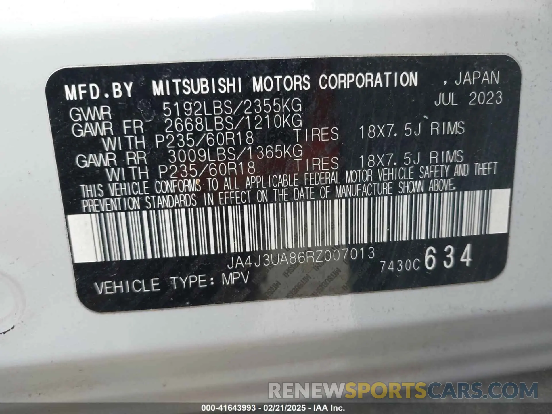 9 Photograph of a damaged car JA4J3UA86RZ007013 MITSUBISHI OUTLANDER 2024