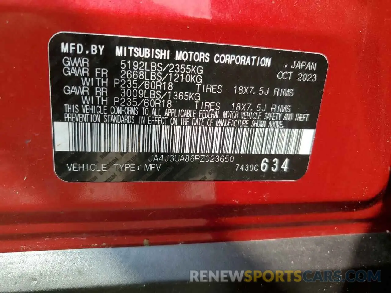 13 Photograph of a damaged car JA4J3UA86RZ023650 MITSUBISHI OUTLANDER 2024