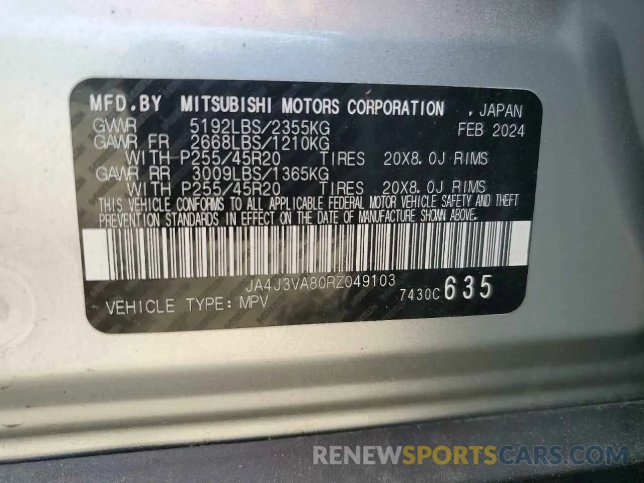 12 Photograph of a damaged car JA4J3VA80RZ049103 MITSUBISHI OUTLANDER 2024