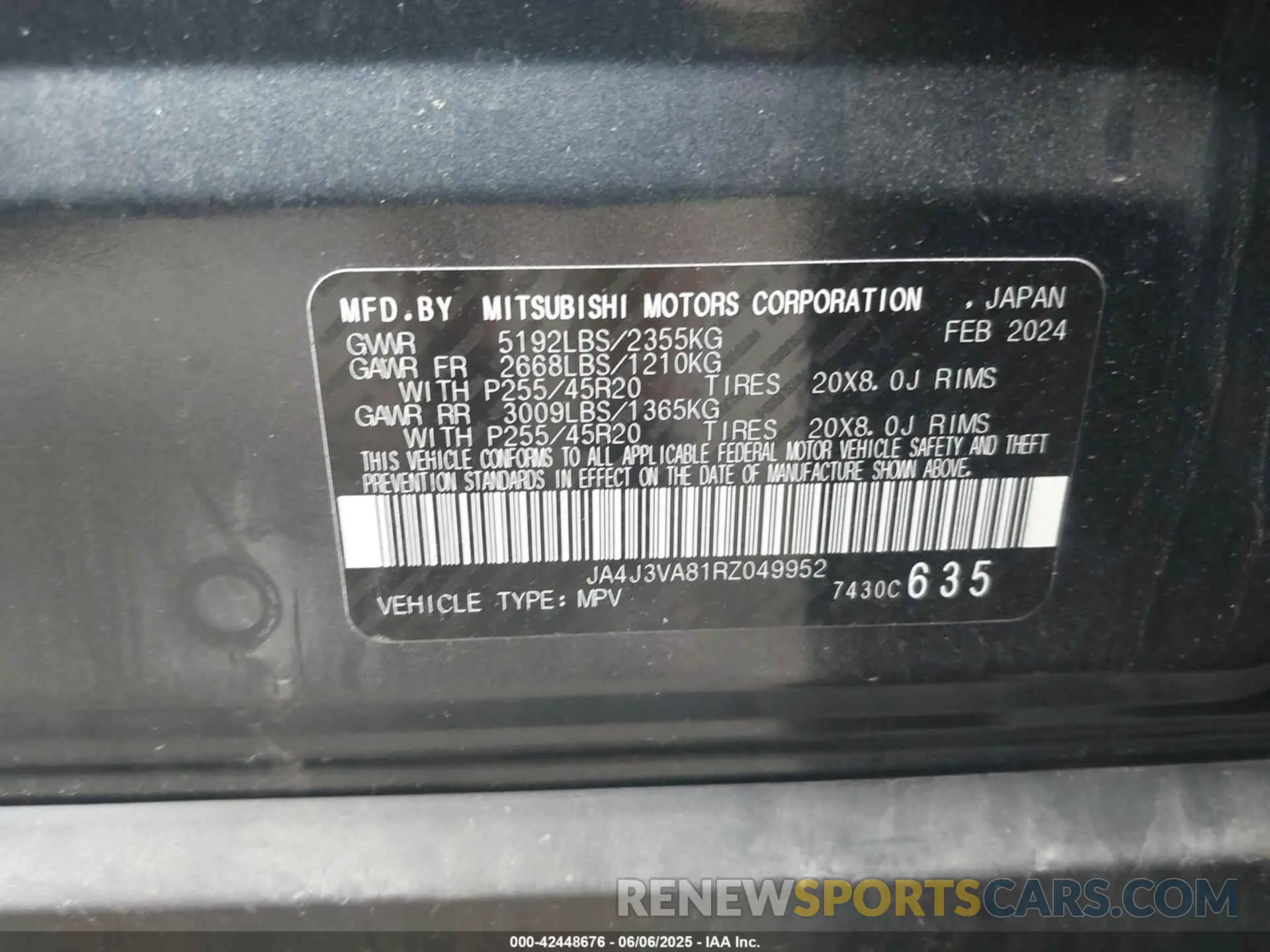 9 Photograph of a damaged car JA4J3VA81RZ049952 MITSUBISHI OUTLANDER 2024