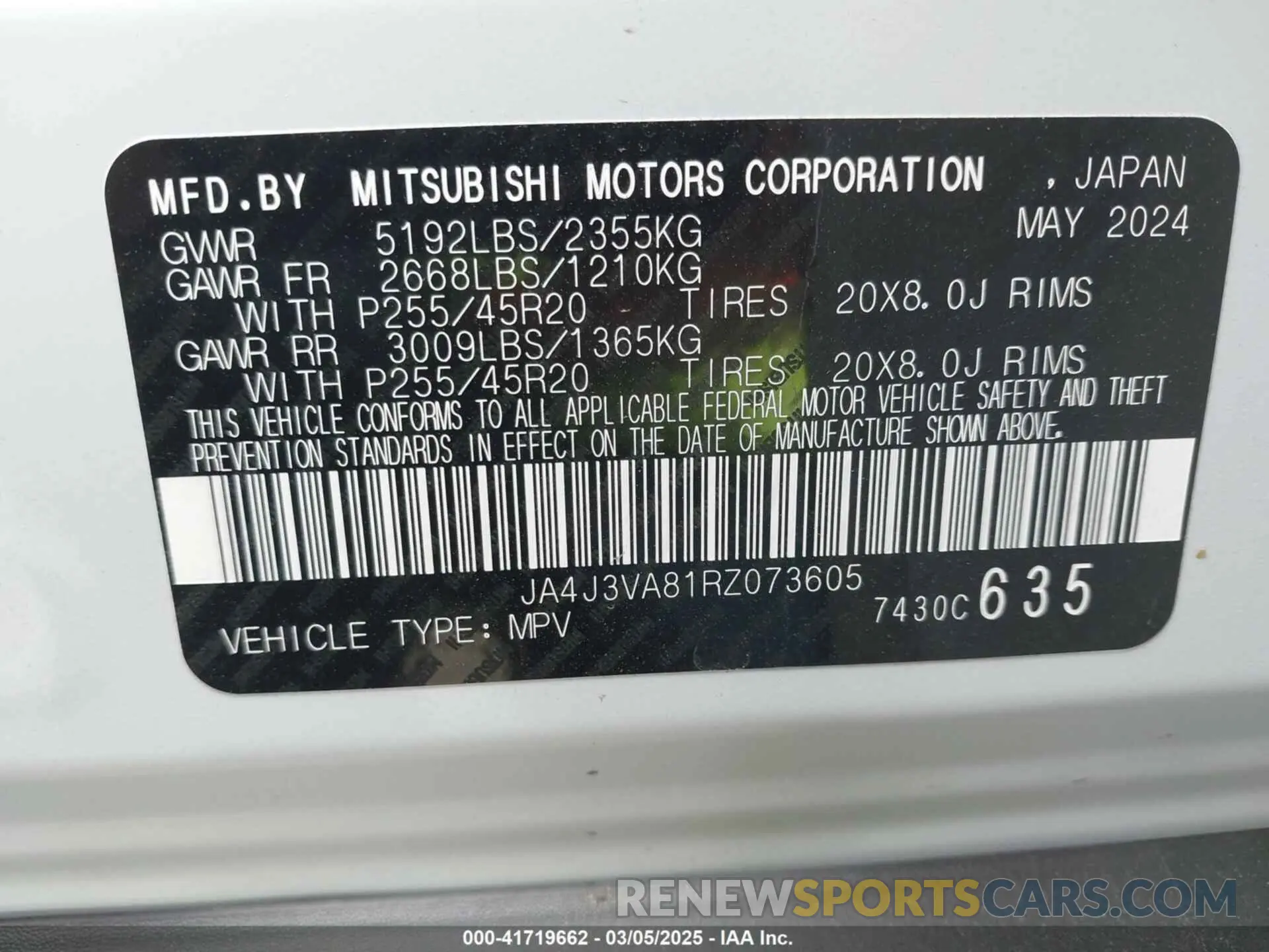 9 Photograph of a damaged car JA4J3VA81RZ073605 MITSUBISHI OUTLANDER 2024
