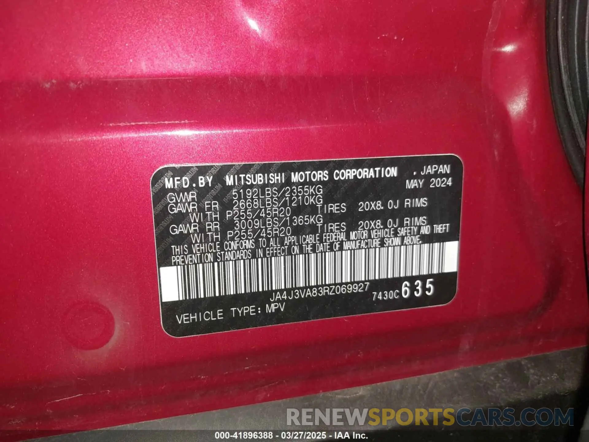 9 Photograph of a damaged car JA4J3VA83RZ069927 MITSUBISHI OUTLANDER 2024