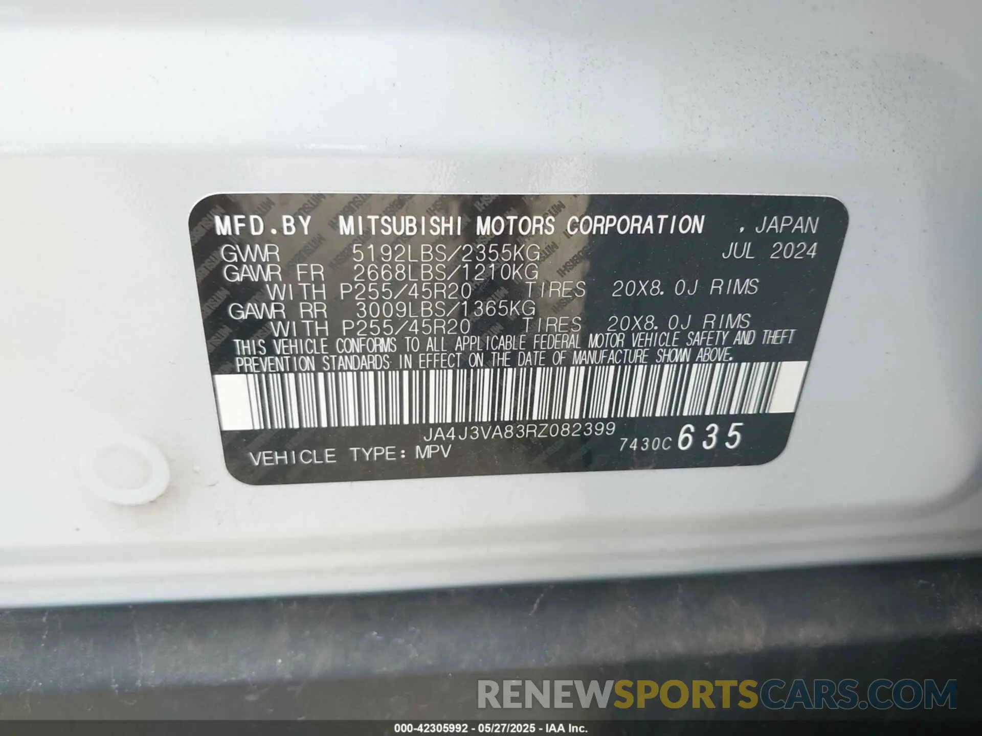 9 Photograph of a damaged car JA4J3VA83RZ082399 MITSUBISHI OUTLANDER 2024