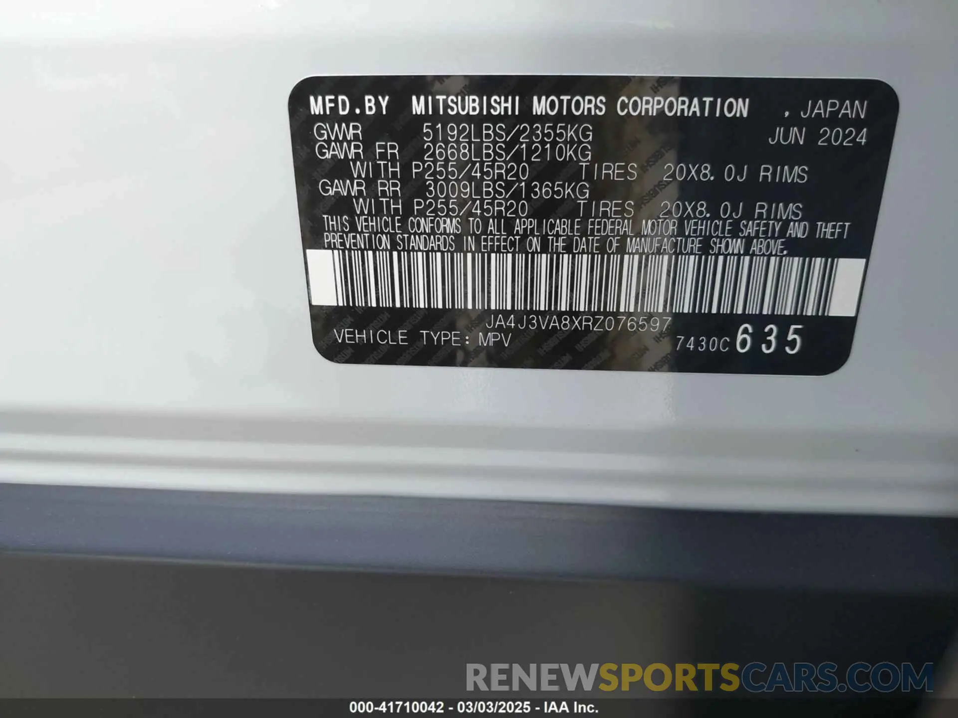 9 Photograph of a damaged car JA4J3VA8XRZ076597 MITSUBISHI OUTLANDER 2024