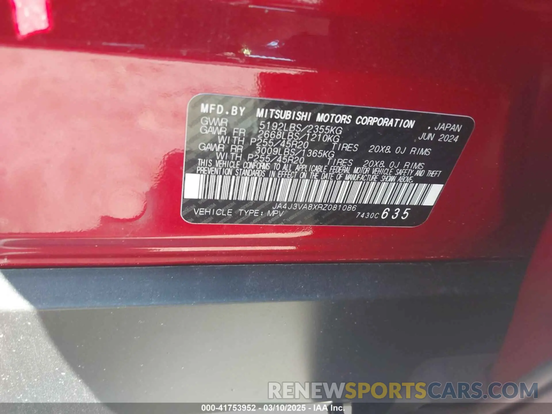 9 Photograph of a damaged car JA4J3VA8XRZ081086 MITSUBISHI OUTLANDER 2024