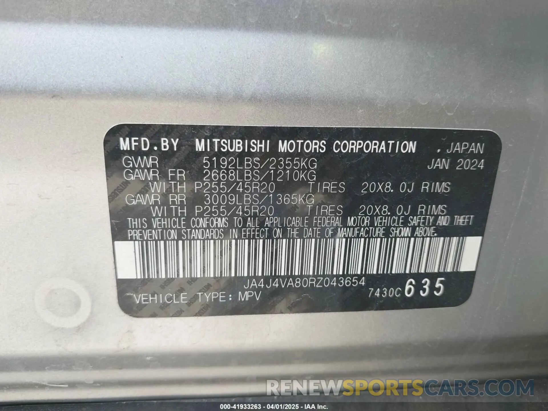 9 Photograph of a damaged car JA4J4VA80RZ043654 MITSUBISHI OUTLANDER 2024