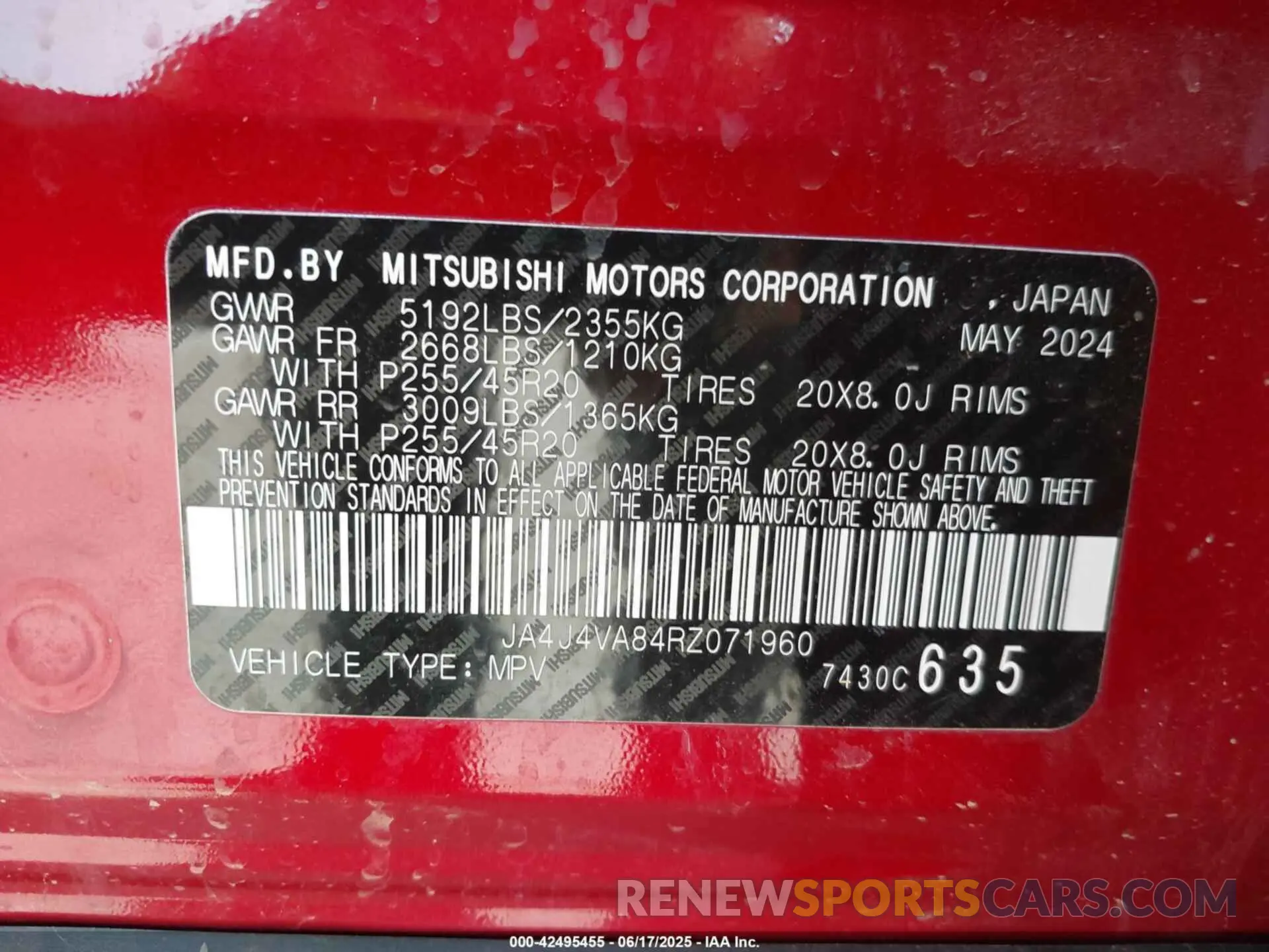 9 Photograph of a damaged car JA4J4VA84RZ071960 MITSUBISHI OUTLANDER 2024
