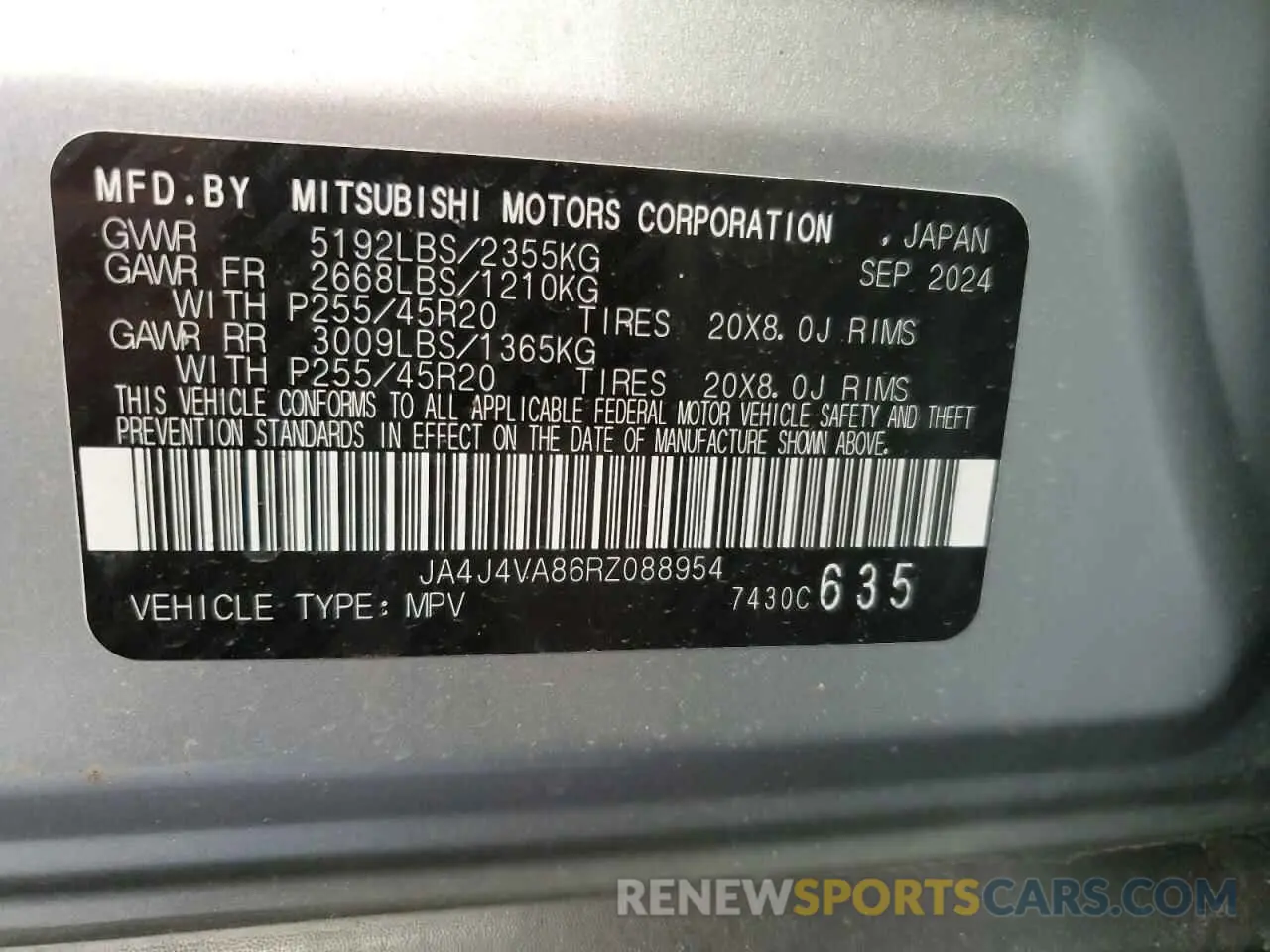 13 Photograph of a damaged car JA4J4VA86RZ088954 MITSUBISHI OUTLANDER 2024