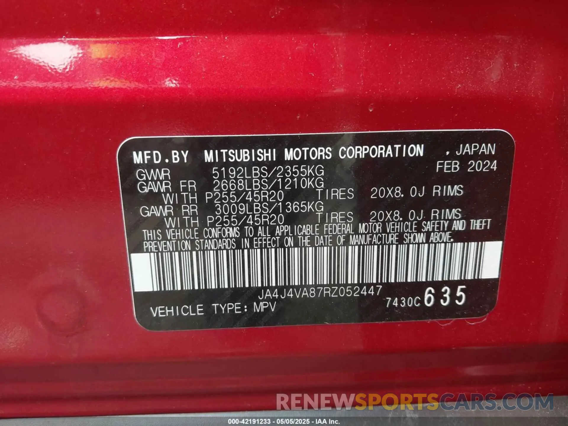 9 Photograph of a damaged car JA4J4VA87RZ052447 MITSUBISHI OUTLANDER 2024