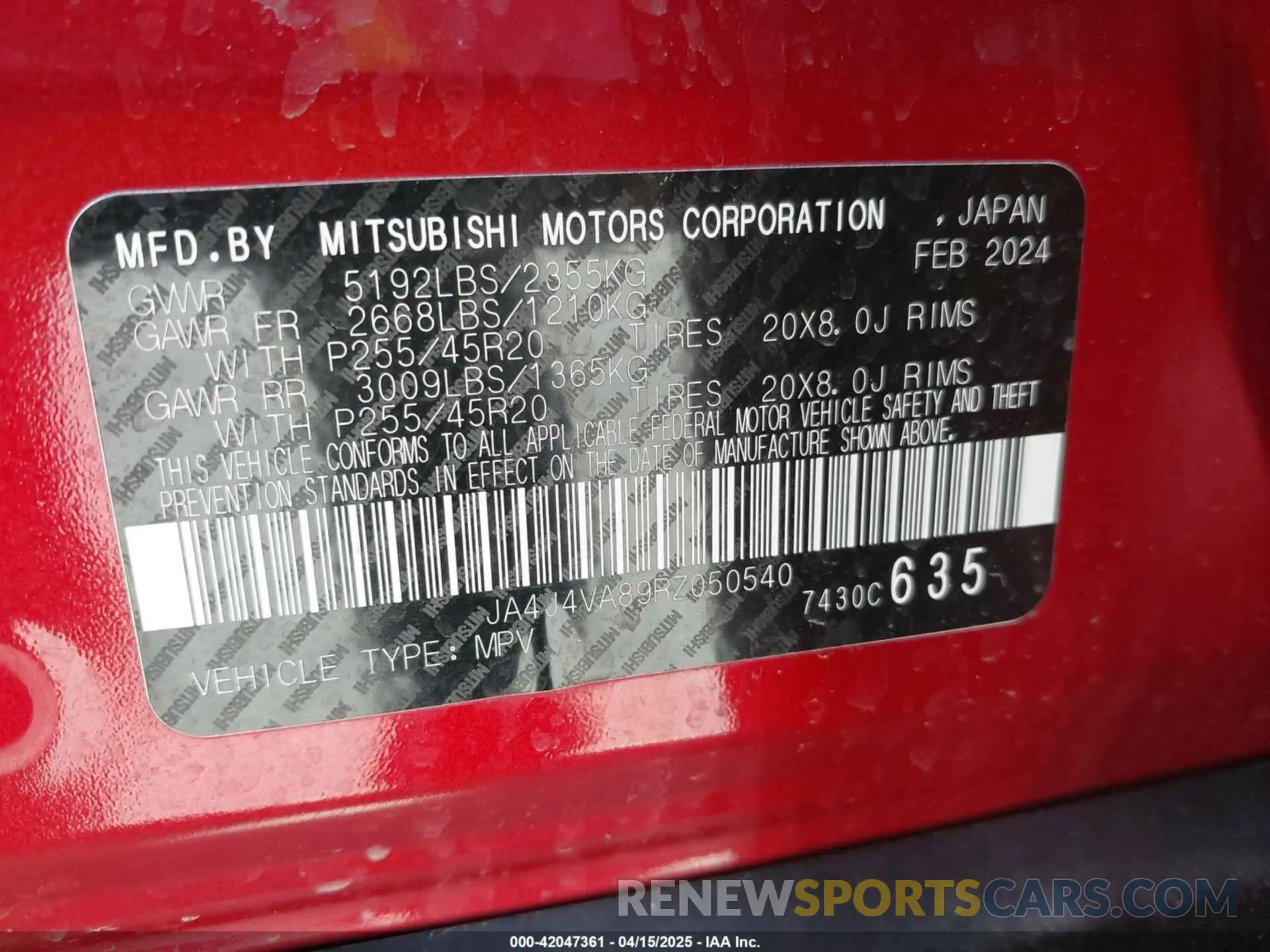 9 Photograph of a damaged car JA4J4VA89RZ050540 MITSUBISHI OUTLANDER 2024